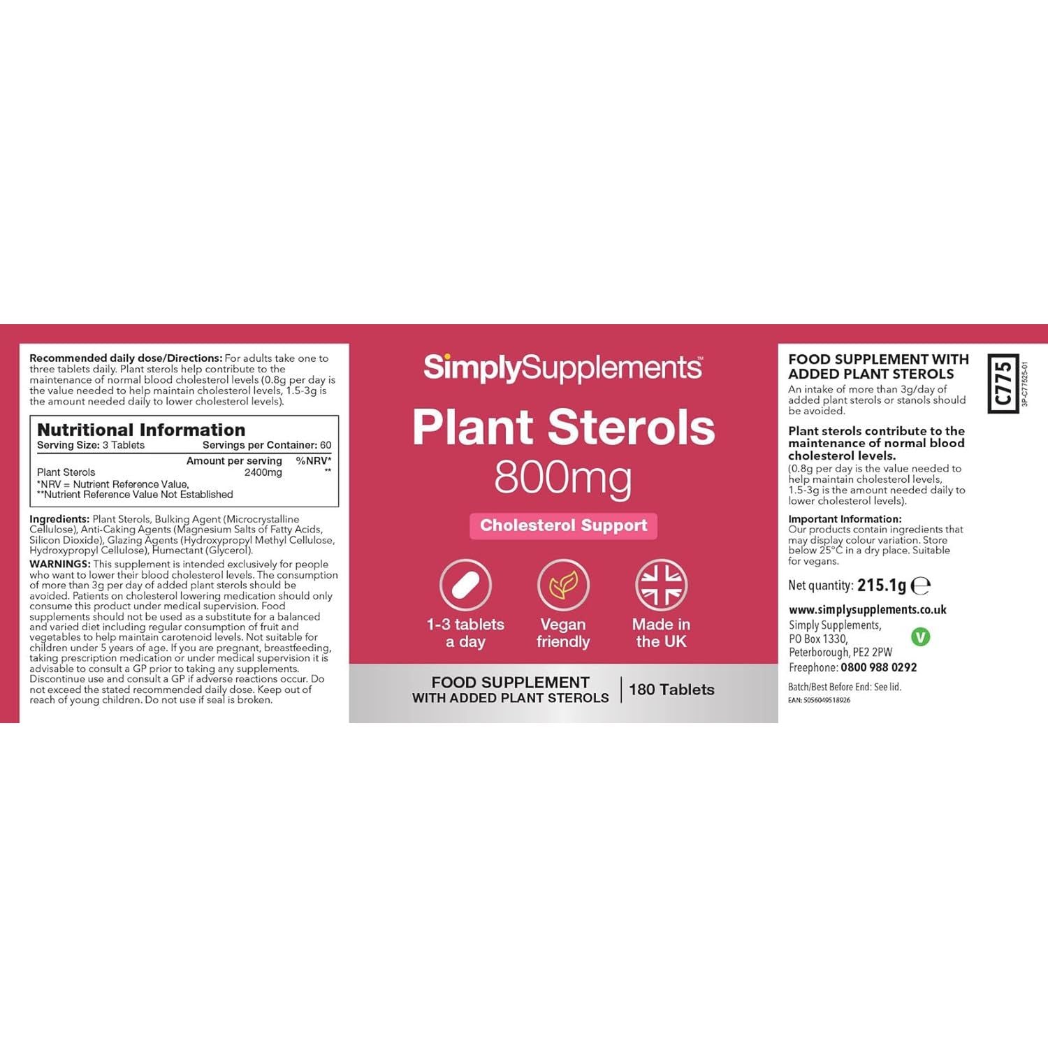 Plant Sterols 800Mg | Helps Maintain Normal Cholesterol Levels | with Beta-Sitosterol | 360 Vegan Tablets = 4 Months' Supply | Vegan & Vegetarian Friendly | Manufactured in the UK