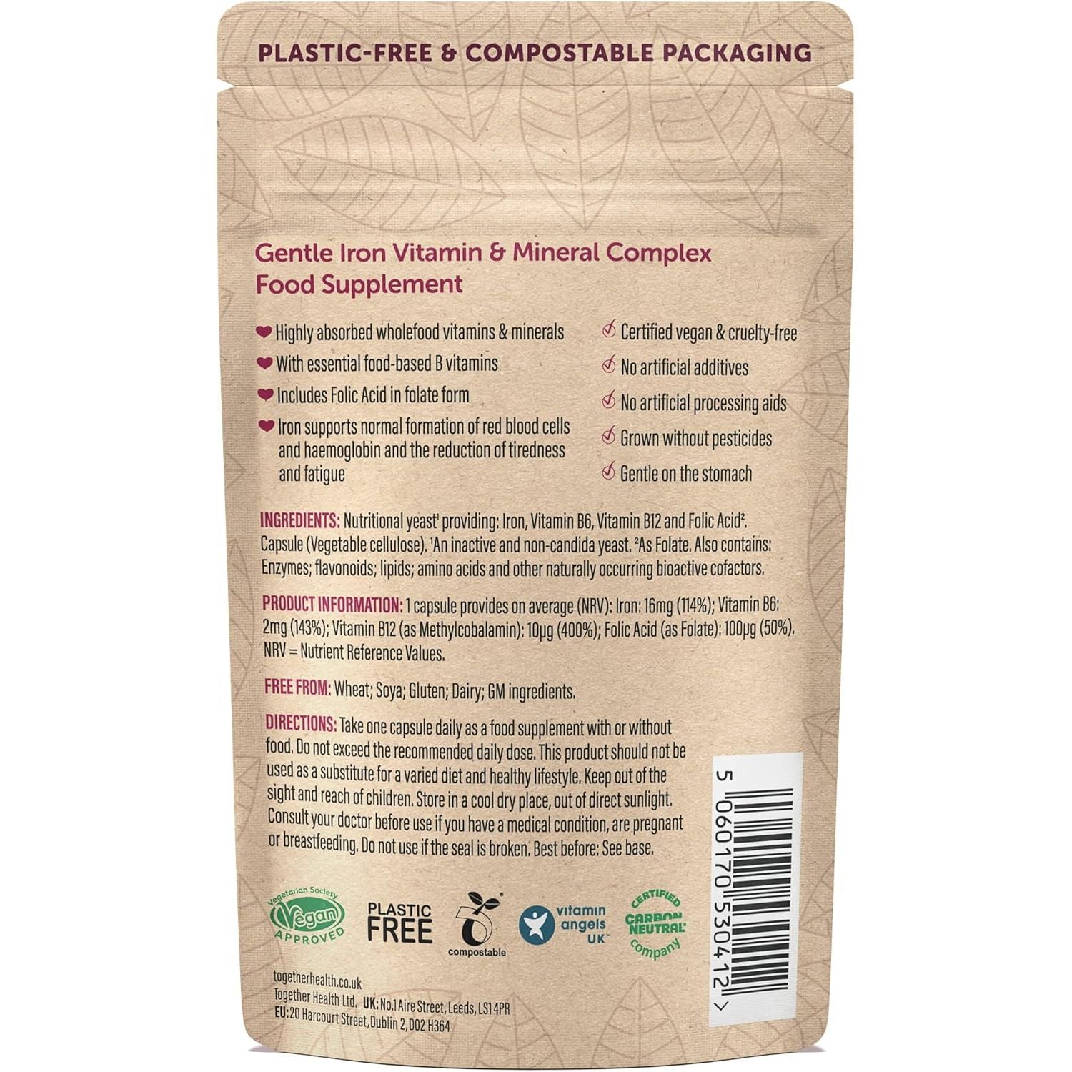 Gentle Iron – Together Health – Whole Food Nutrients – Iron and B Vitamins – Vegan Friendly – Made in the UK – 60 Vegecaps – Pack of 2