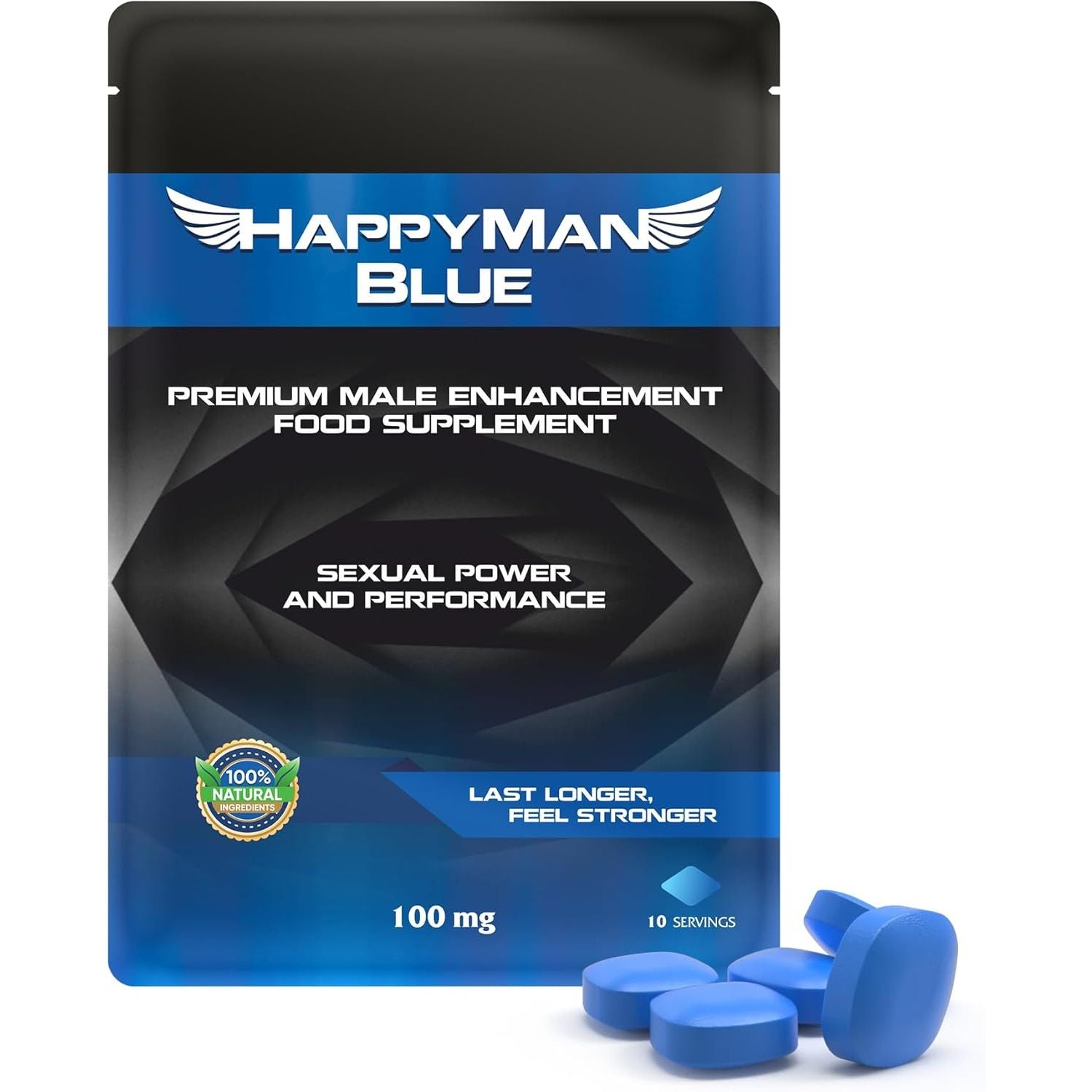 Happyman Blue 10 Tablets | Natural Herbal Supplement for Men | Prolonged Performance and Enhancement Tablets | Fast Acting and Extra Strong | Stamina and Energy Support | Ginseng