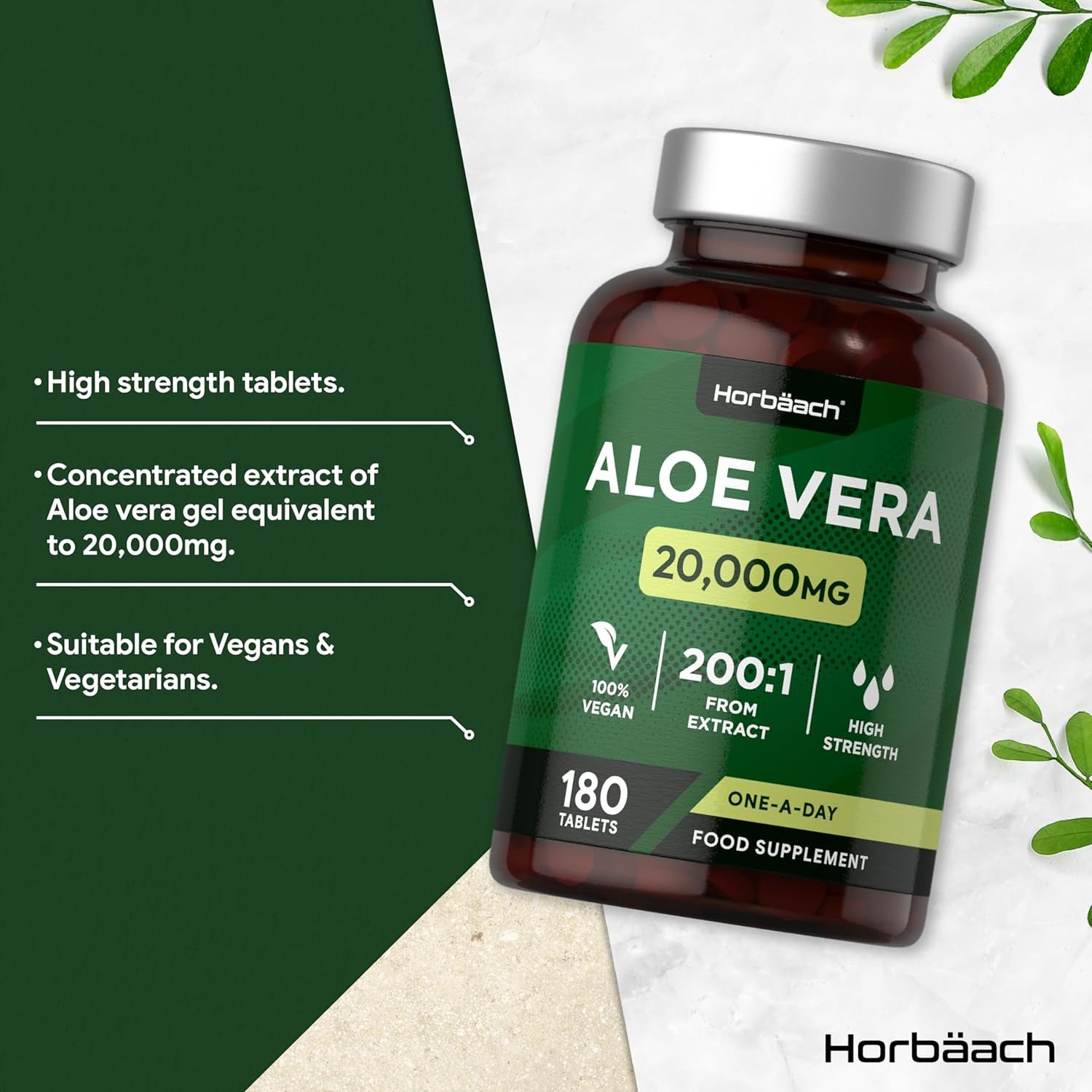 Aloe Vera Tablets 20,000Mg | High Strength One-A-Day Formula | 180 Count | Suitable for Vegetarians & Vegans | by Horbaach