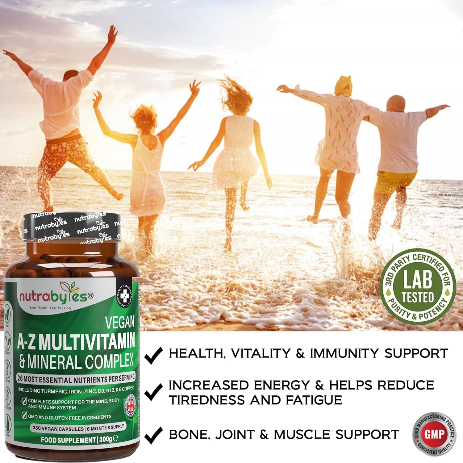 Nutrabytes Vegan A-Z Multivitamin & Mineral Complex Supplement, 360 Capsules | 26 Essential Vitamins & Minerals for Energy, Immune System, Hair, Skin, Bone, Muscle, Brain & Gut Support | for 6 Months