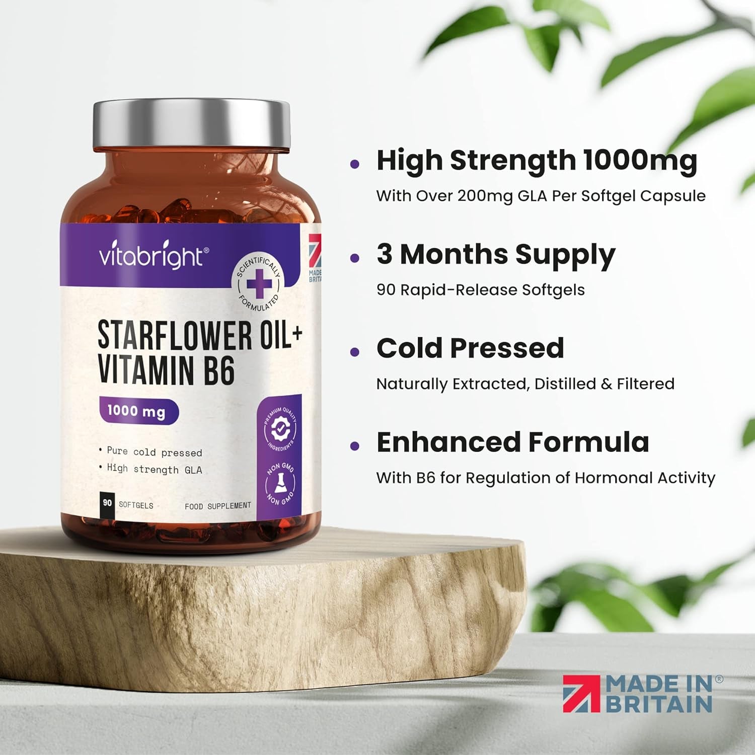 Starflower Oil Capsules 1000Mg | 3 Months High GLA Borage with Vitamin B6 | Cold Pressed Star Flower Oil 1000Mg Softgels | Vitabright Starflower Supplement High Strength