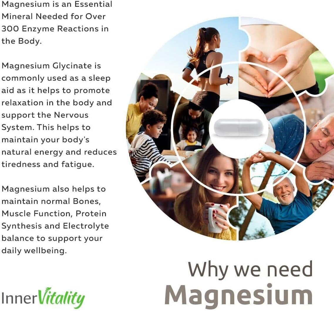 Magnesium Glycinate 180 Capsules (3 Month Supply) 280Mg Elemental Magnesium - High Strength Easy to Absorb Magnesium Supplement with No Additives by Inner Vitality
