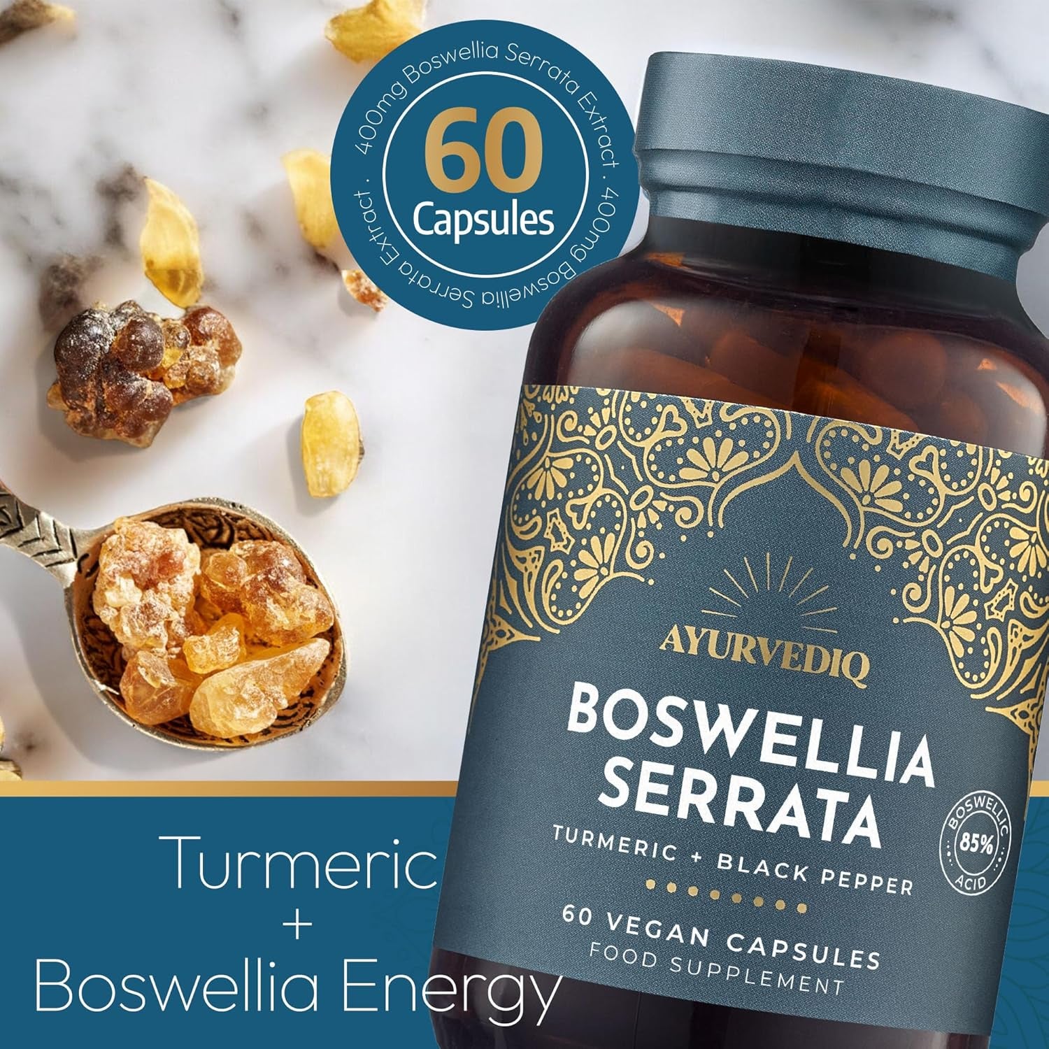Ayurvediq Boswellia Serrata and Turmeric with Black Pepper Piperine Capsules – 60 Vegan Organic Turmeric Curcumin Capsules a Natural anti Inflammatory Supplement Joint Support - Ayurvedic Products