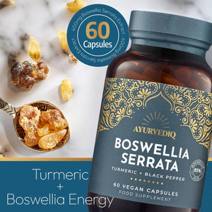 Ayurvediq Boswellia Serrata and Turmeric with Black Pepper Piperine Capsules – 60 Vegan Organic Turmeric Curcumin Capsules a Natural anti Inflammatory Supplement Joint Support - Ayurvedic Products