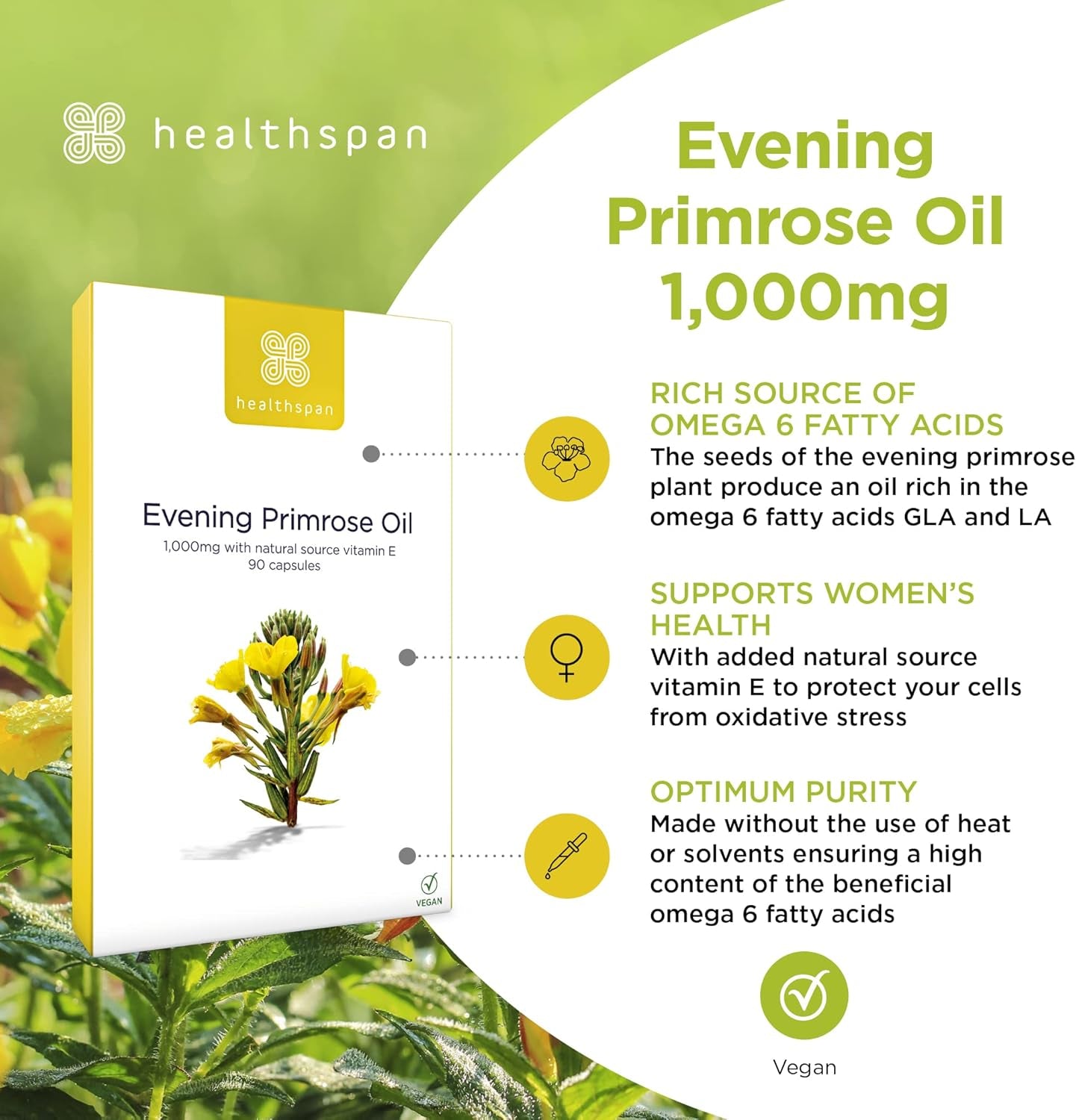 Healthspan Evening Primrose Oil | Support Women'S Health | Helps Maintain Hormonal Balance | Rich Source of Omega 6 Fatty Acids | Added Vitamin E | Vegan (90 Capsules, 1,000Mg)