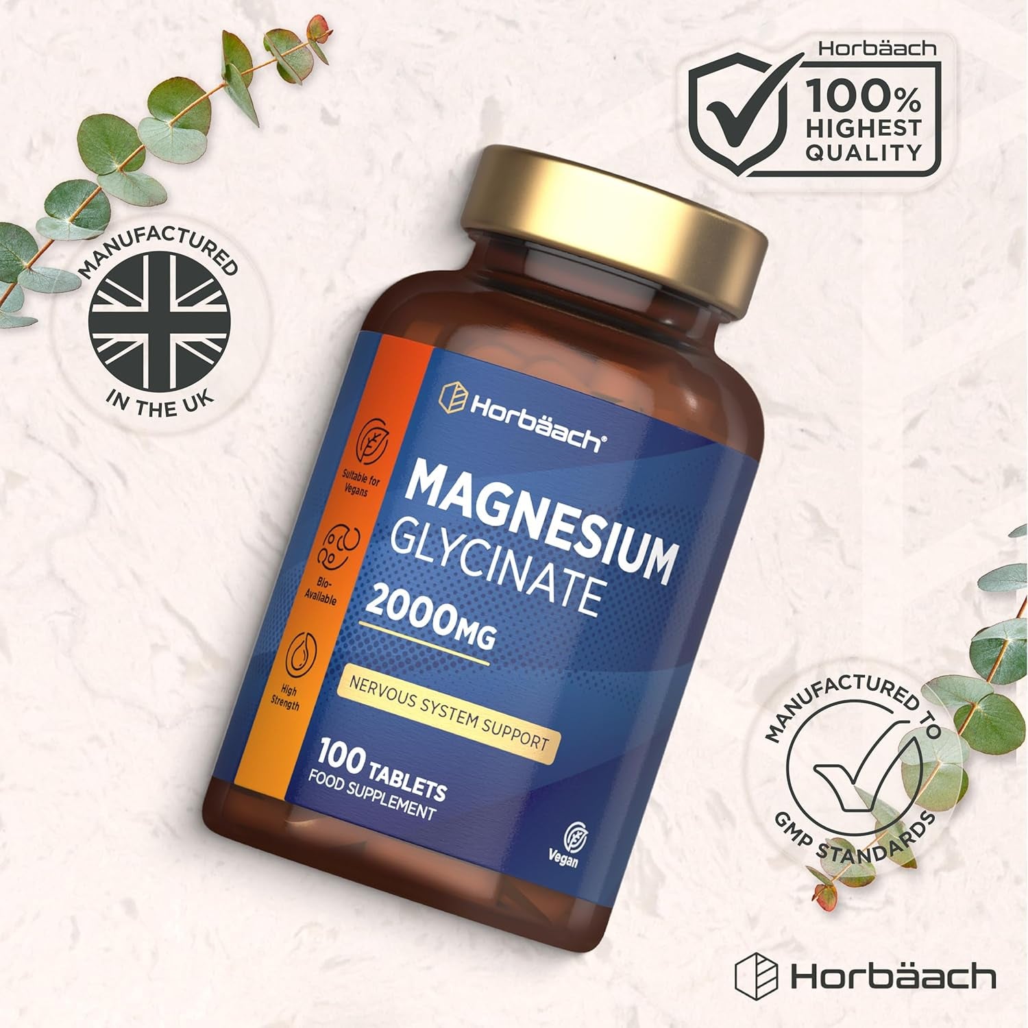Magnesium Glycinate Supplement | 2000Mg | 100 Vegan Tablets | High Strength Providing 400Mg of Elemental Magnesium | by Horbaach