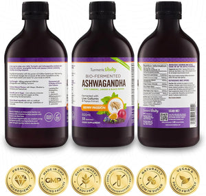Ashwagandha KSM-66 Liquid Bio-Fermented with Turmeric, Probiotics & Digestive Enzymes for Stress, Mood & Gut Health - Natural Berry Passion Flavour