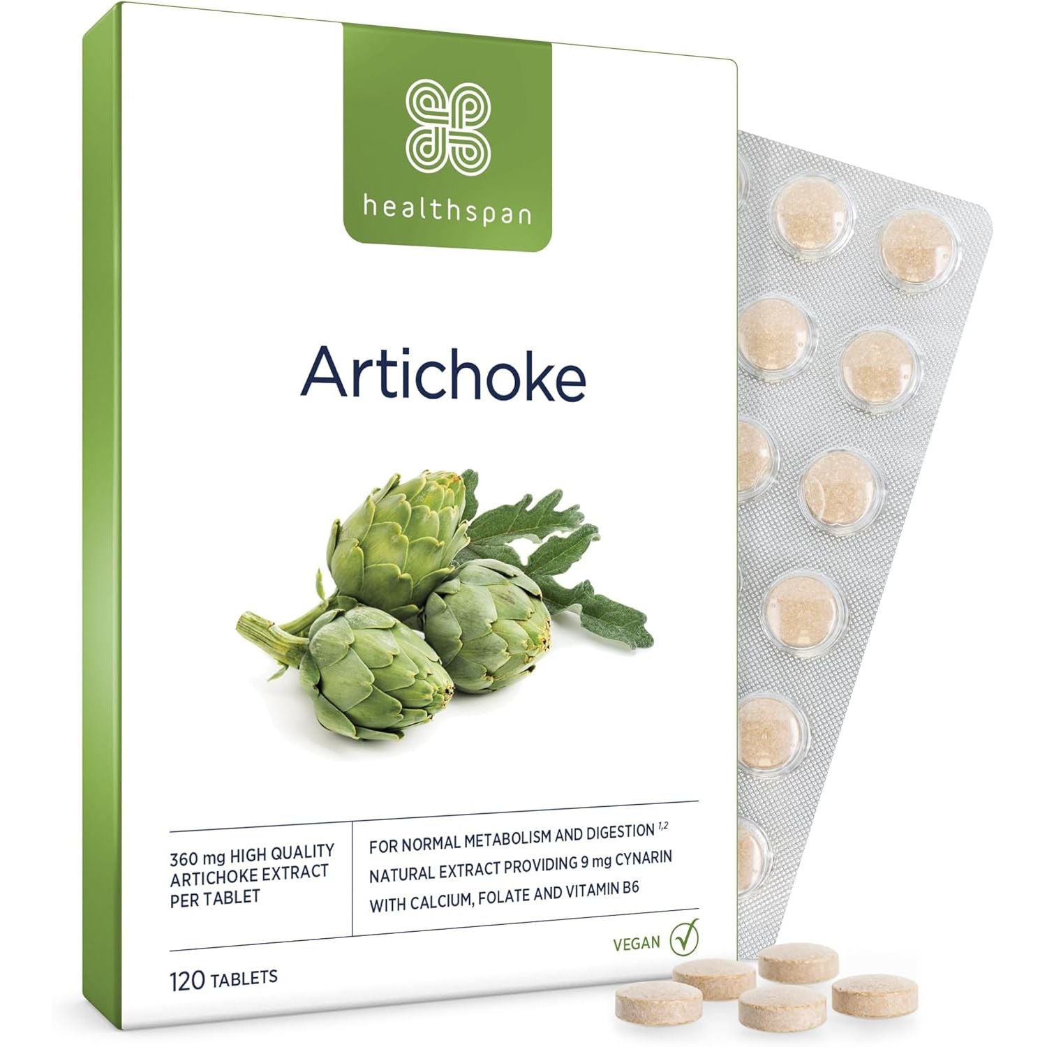 Healthspan Artichoke Extract 360Mg (120 Tablets) | Supports Digestion & Liver Health | High Strength Vegan Artichoke Tablets with 7.2Mg of Cynarin | with Calcium, Folate & Vitamin B6 | Vegan
