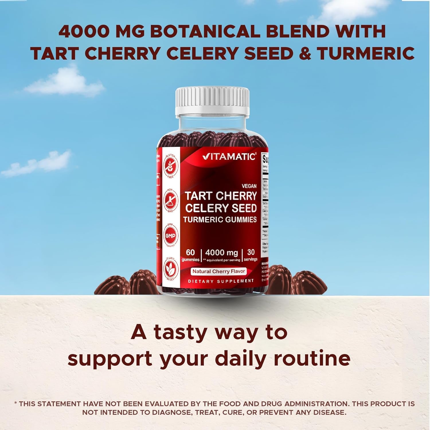 Vitamatic Tart Cherry with Celery Seed Gummies - 4000 Mg Serving - Powerful Uric Acid Cleanse for Joint Comfort, Healthy Sleep Cycles & Muscle Recovery