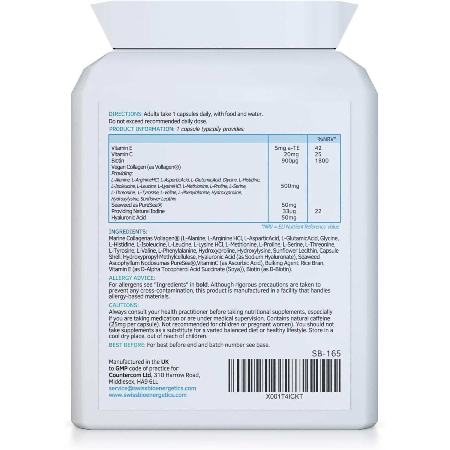 Vegan Collagen & Hyaluronic Acid Complex - 60 Capsules - Effective Skin, Hair & Nails Formula with 500Mg of Vollagen in the Exact Amino Ratios of Human Collagen - D-Biotin, Seaweed, Vitamins E&C