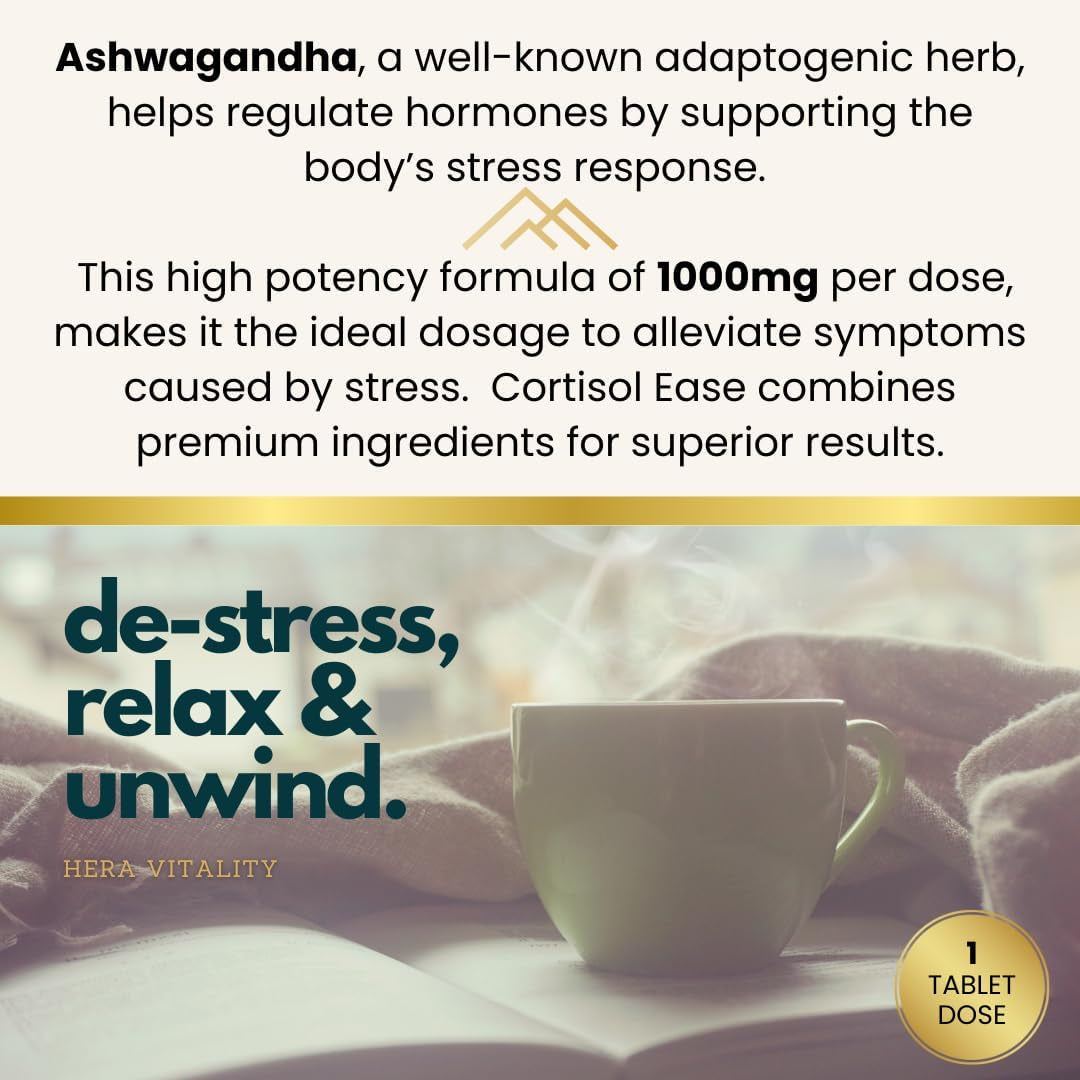 Cortisolease, Cortisol Reducing Supplement with 1000 Mg Ashwagandha, 120 Tablets to Lower Stress & Anxiety, Balance Adrenal Hormones, Detox and Reduce Fatigue, HERA Vitality