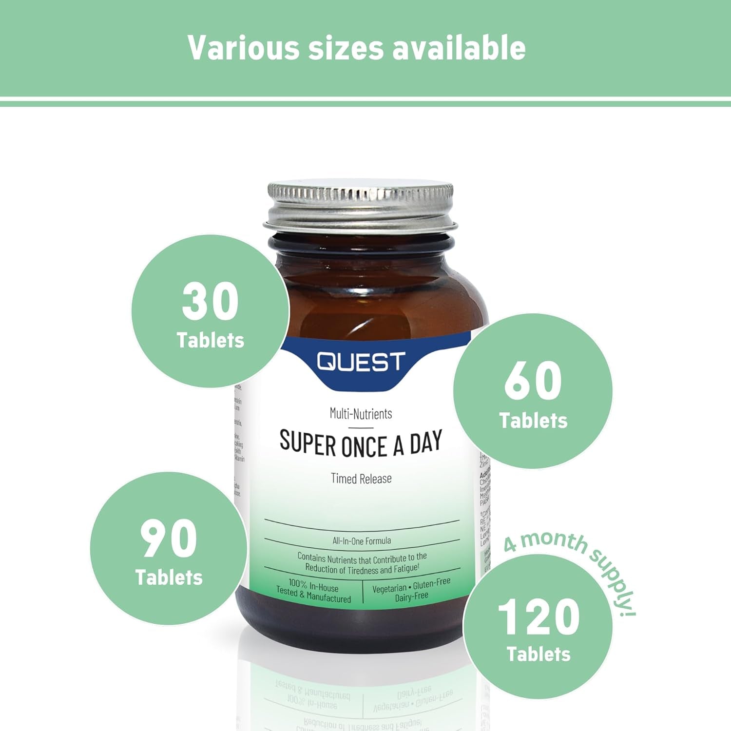 Quest Super Once a Day Multivitamin & Minerals Tablets. 17 Vitamins & 12 Minerals with Vitamin A, B, C, D, Iron & Zinc for Men & Women. for Optimal Health, Reduces Fatigue & Immunity (120 Tablets)