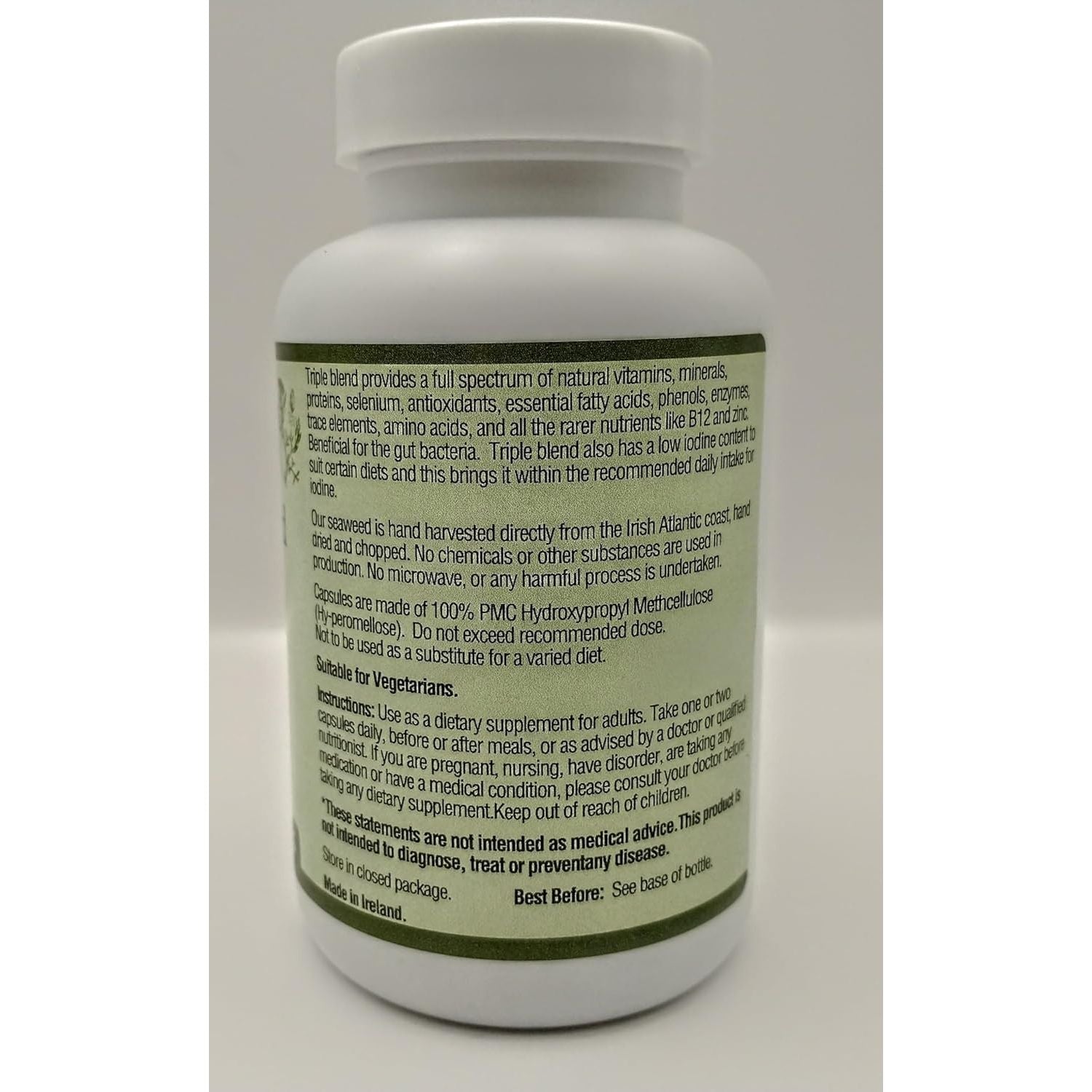 Triple Blend Seaweed Tablets 500 Mg 90 Capsules Certified Organic Harvested in North Atlantic Coast of Ireland