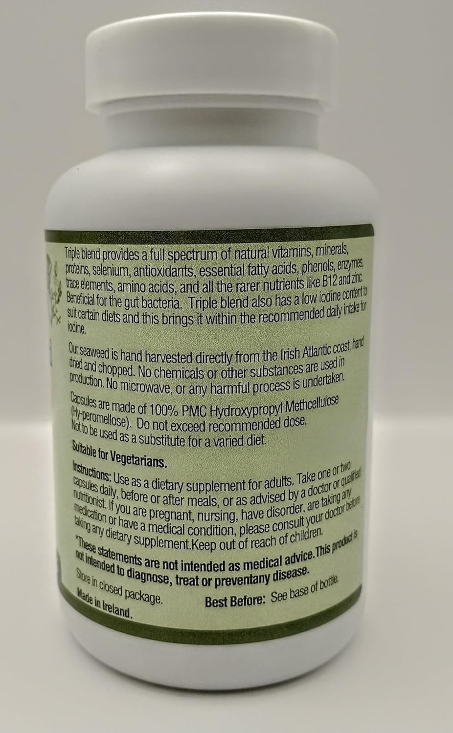 Triple Blend Seaweed Tablets 500 Mg 90 Capsules Certified Organic Harvested in North Atlantic Coast of Ireland