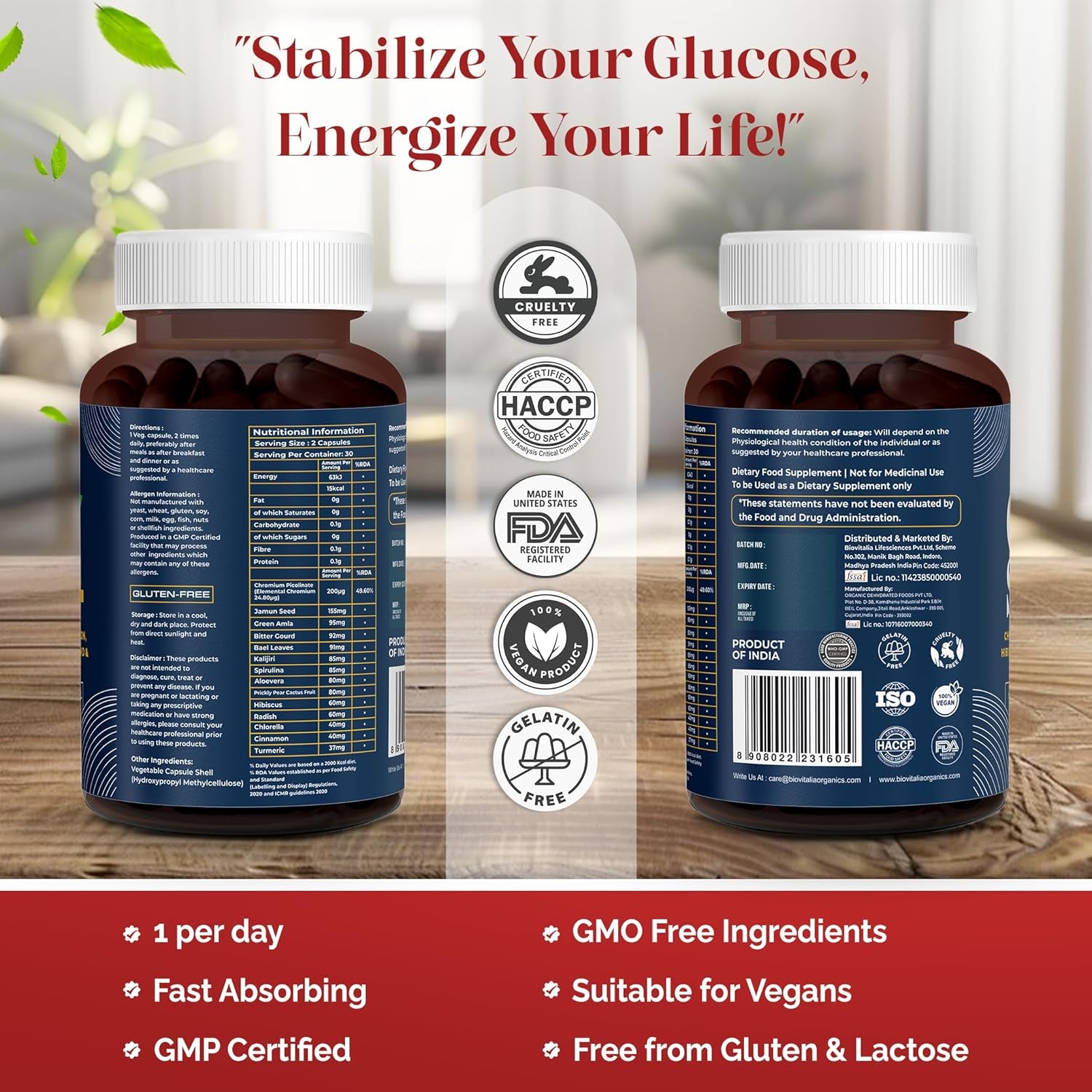 Biovitalia Gluco Sure+ Blood Sugar Control Supplement Capsules with Chromium Picolinate Cinnamon Bitter Gourd Hibiscus for Healthy Blood Sugar Levels Vegan Glucose Support Supplement - 60 Capsules