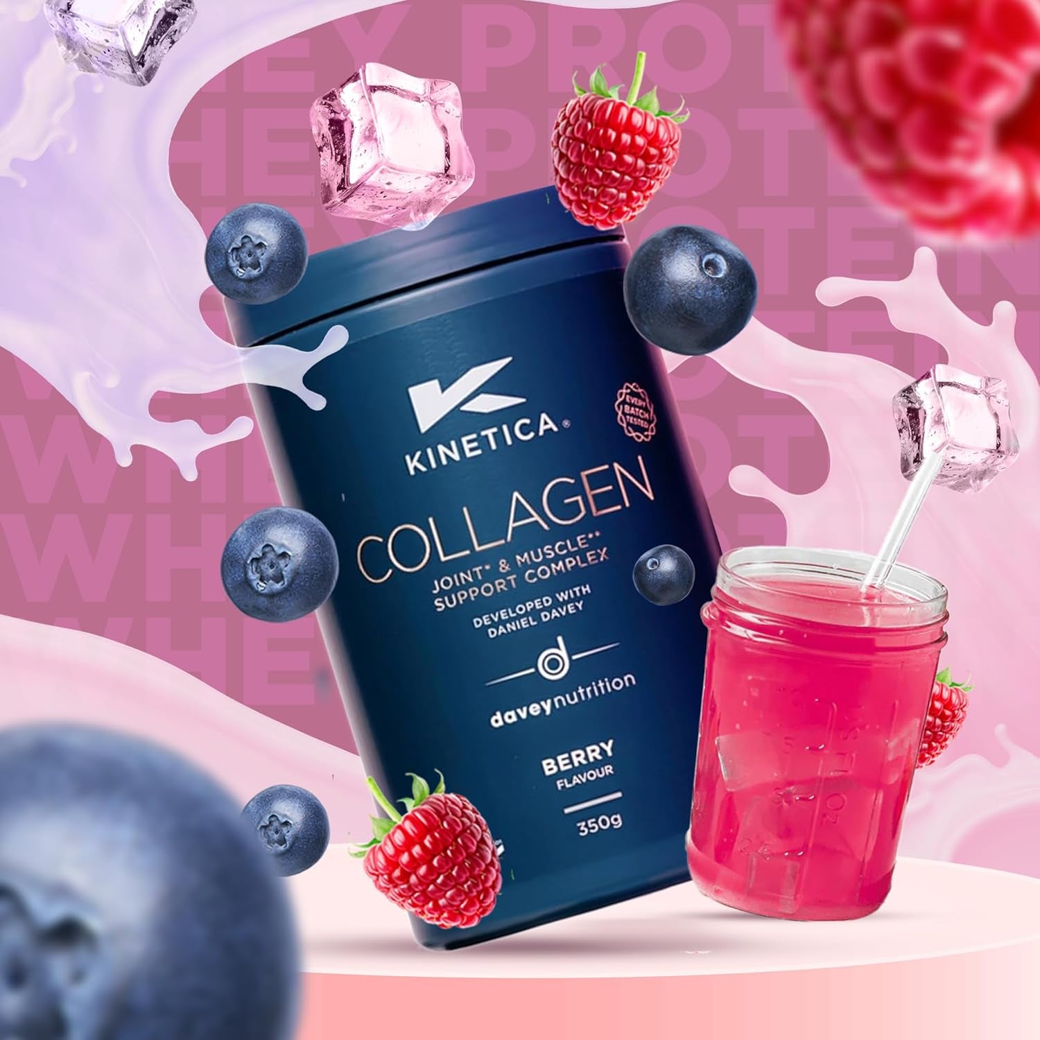 Kinetica Sports Collagen Powder - Berry Flavour | 350G | 5G FORTIGEL Bovine Collagen/Serve, 320Mg Vitamin C, 5Μg Vitamin D, 100Mg Hyaluronic Acid & 500Mg Glucosamine Sulphate | Joint & Muscle Support