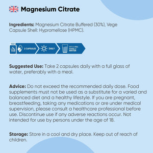 Magnesium Supplements | Magnesium Citrate Capsules (Buffered 30%) | 240 Vegan Capsules | Providing 444Mg Elemental Magnesium | Lactose & Gluten-Free