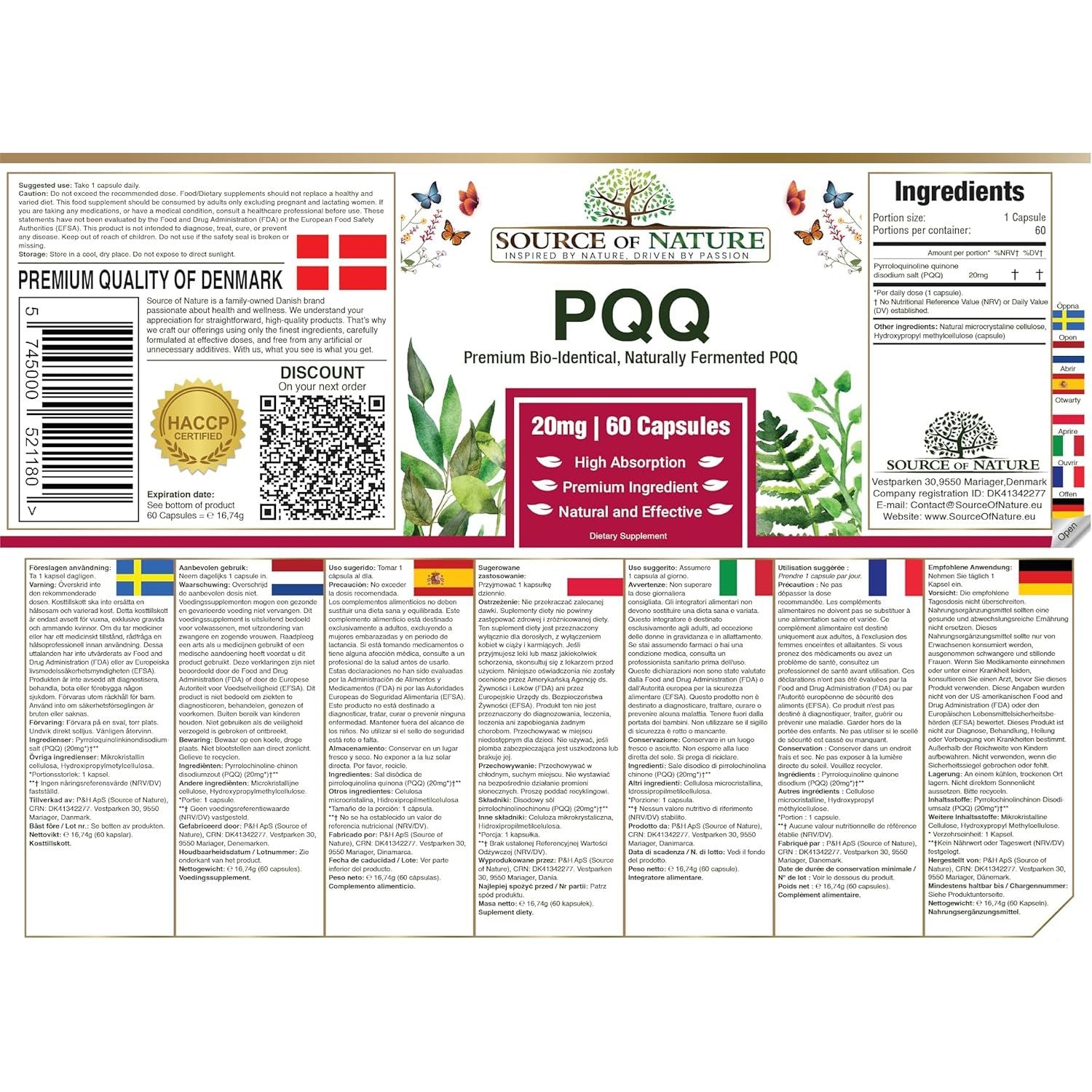 Source of Nature® | 20Mg PQQ | 60 Capsules | 2 Month Supply | Premium Bio-Identical Pyrroloquinoline Quinone| High Dose | No Unwanted Additives | Made in DK | 3Rd Party Tested