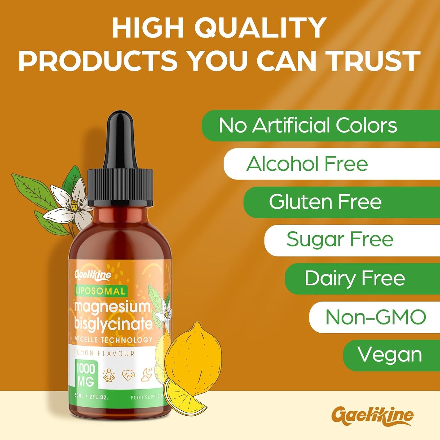 Magnesium Glycinate Liquid Drops 1000Mg – High Absorption Bisglycinate with Liposomal Micelle Technology, Vegan, Stomach-Friendly, Lemon Flavour, 60Ml