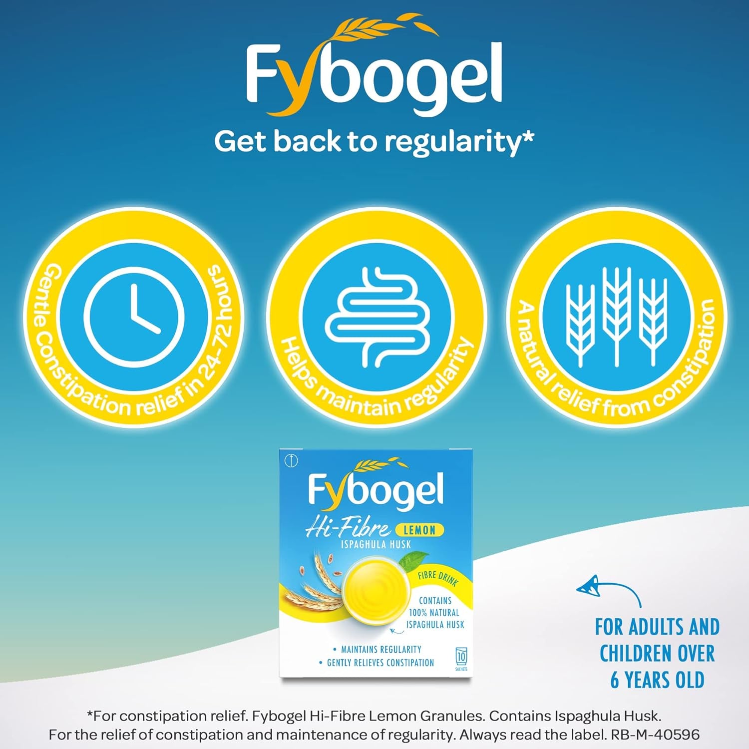 Fybogel Hi-Fibre Lemon Sachets - 10 Pack | Ispaghula Husk for Constipation, Regularity, Fast Digestion, and Nausea Relief | Natural Supplement for Effective Results