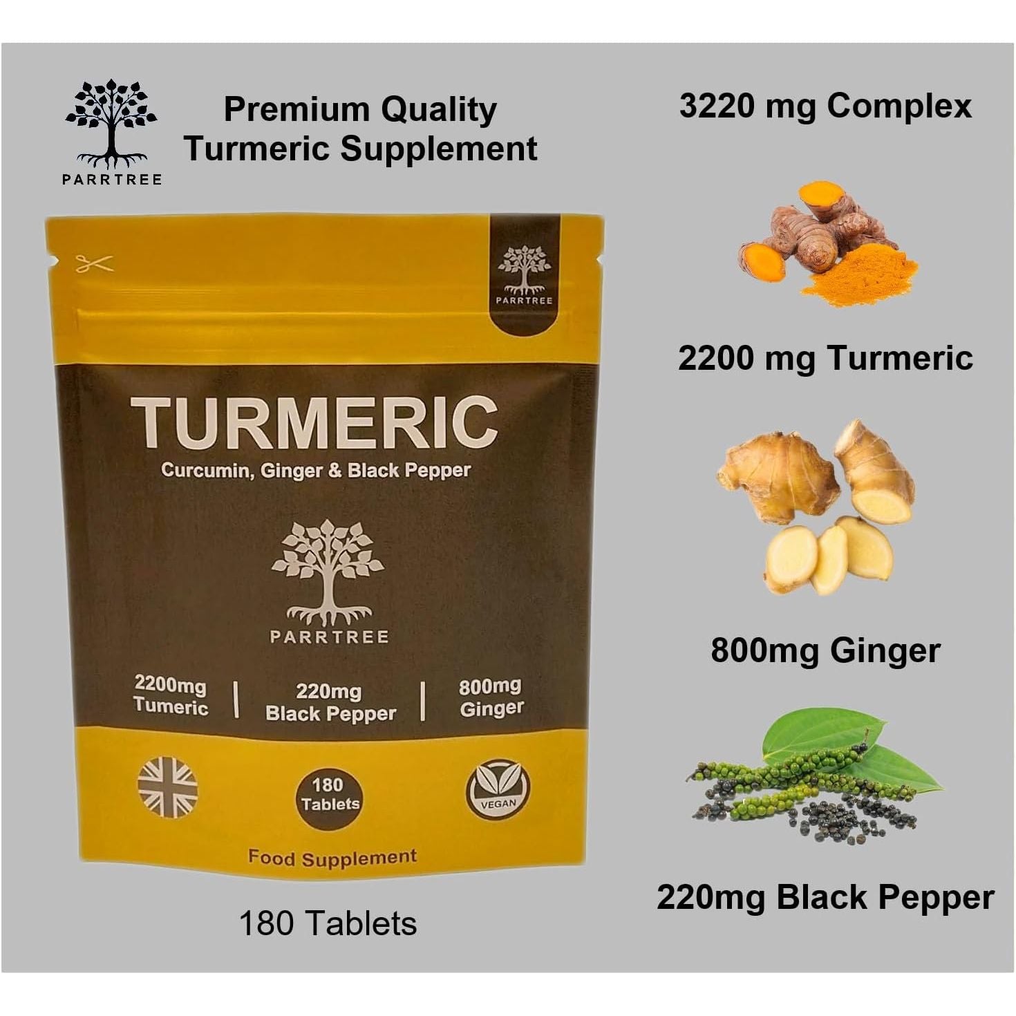 Turmeric Tablets 2200Mg with Black Pepper and Ginger - 180 Tablets - High Strength 95% Curcumin Supplement - Tablets Not Capsules - Vegan and Gluten Free - Made in the UK