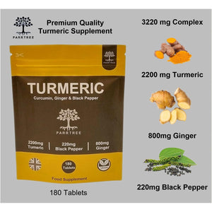 Turmeric Tablets 2200Mg with Black Pepper and Ginger - 180 Tablets - High Strength 95% Curcumin Supplement - Tablets Not Capsules - Vegan and Gluten Free - Made in the UK