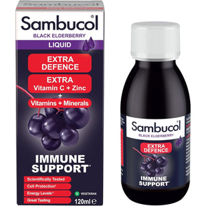Sambucol Natural Black Elderberry Extra Defence Liquid | Vitamin C, B6 & D | Zinc | Folic Acid & Minerals |Advanced Immune Support Supplement | 120Ml