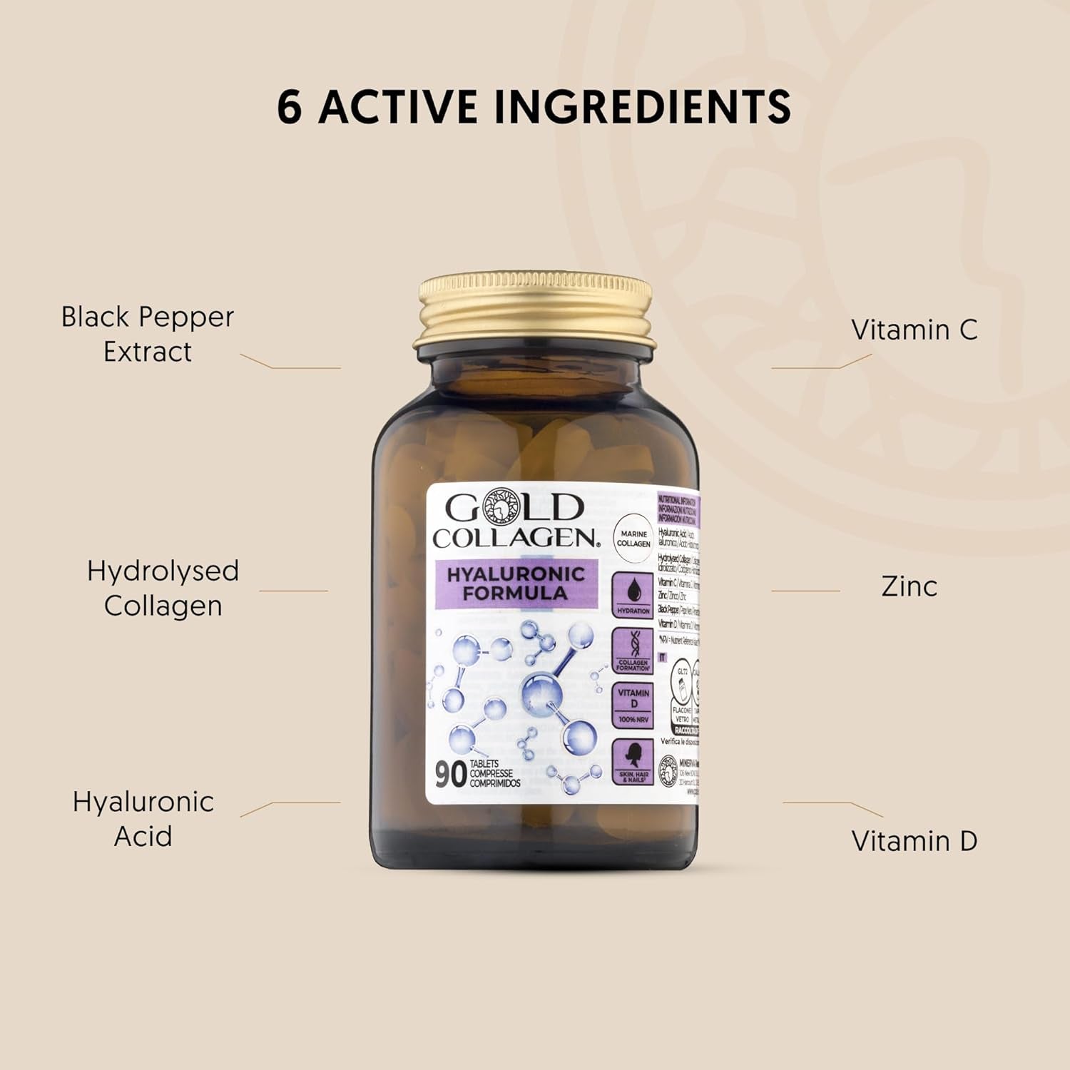 GOLD COLLAGEN Hyaluronic Formula - Collagen Supplements for Women Enhanced with Vitamin D, Vitamin C, Hyaluronic Acid & Zinc, 90 Tablets - Collagen Tablets for Skin Hydration, Hair, Nail & Joint Care