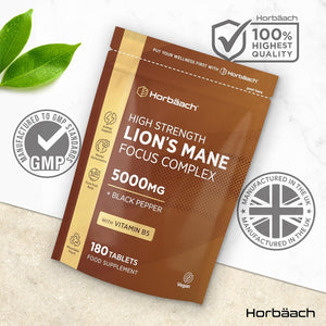 Lions Mane Supplement 5000Mg | Focus Complex with Vitamin B5 & Black Pepper | Lion'S Mane Mushroom Mental Performance Supplement | 180 Vegan Tablets | by Horbaach