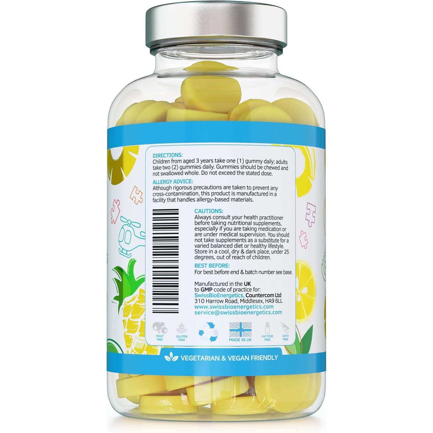 Kids Probiotics/Probiocultures Gummies - 60 Children'S Probiotics Multi-Strain Gummies - Natural Pineapple Flavour – with Added B & C Vitamins for Immune Support - 2 Month Supply – UK Made