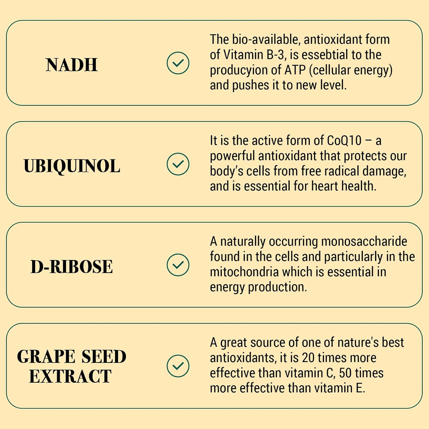 NADH 50 Mg plus Coq10 200 Mg, NADH Capsules - Energy and Fatigue Support, ATP Production - 60 Counts for 60-Day Supply