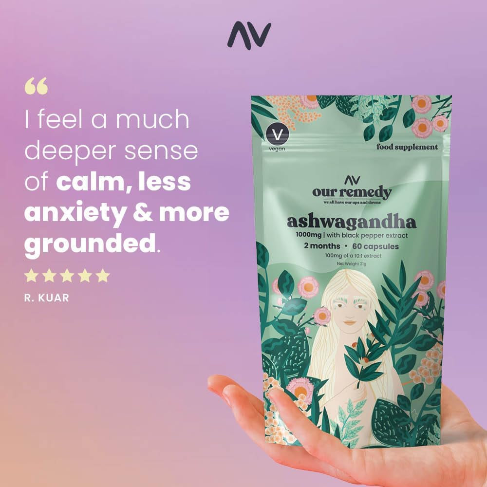Our Remedy Ashwagandha Capsules for Women 1000Mg with Black Pepper for Fast & Effective Absorption — Made by Women, for Women! Natural, Vegan & Plastic Free — 60 One-A-Day Tablets