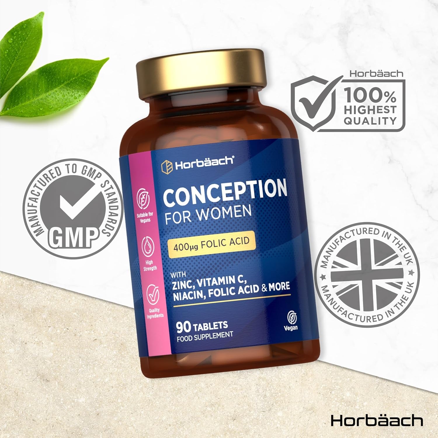 Conception Vitamins for Women | 400Μg Folic Acid for Fertility Support - 3 Months Supply | Multivitamin & Mineral Formula with Vitamin C, Iron, Zinc & More! | 90 Vegan Tablets | by Horbaach