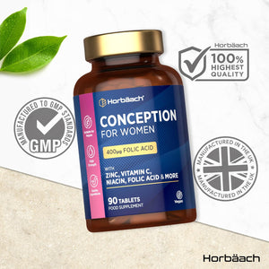 Conception Vitamins for Women | 400Μg Folic Acid for Fertility Support - 3 Months Supply | Multivitamin & Mineral Formula with Vitamin C, Iron, Zinc & More! | 90 Vegan Tablets | by Horbaach