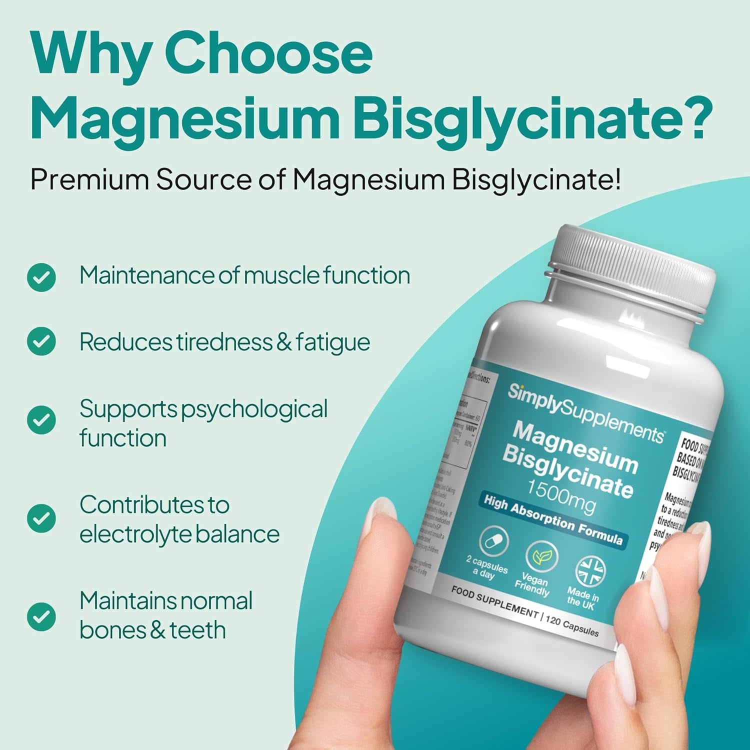 Magnesium Bisglycinate 1500Mg | Supports Energy, Muscle & Psychological Function | High Absorption, Gentle on Digestion | Vegan Friendly | 120 Capsules = 2 Months’ Supply | Gmp-Certified & Uk-Made