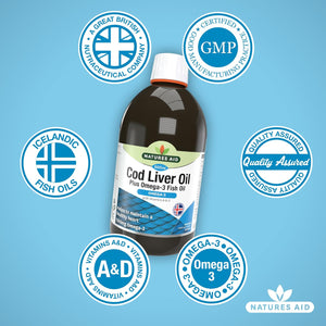 Natures Aid Cod Liver Oil Liquid 500Ml - High Strength Omega-3 Fish Oil with Vitamins a & D - Supports Immune System Heart Health Brain Function and Vision - Non-Gmo - Purity Guaranteed