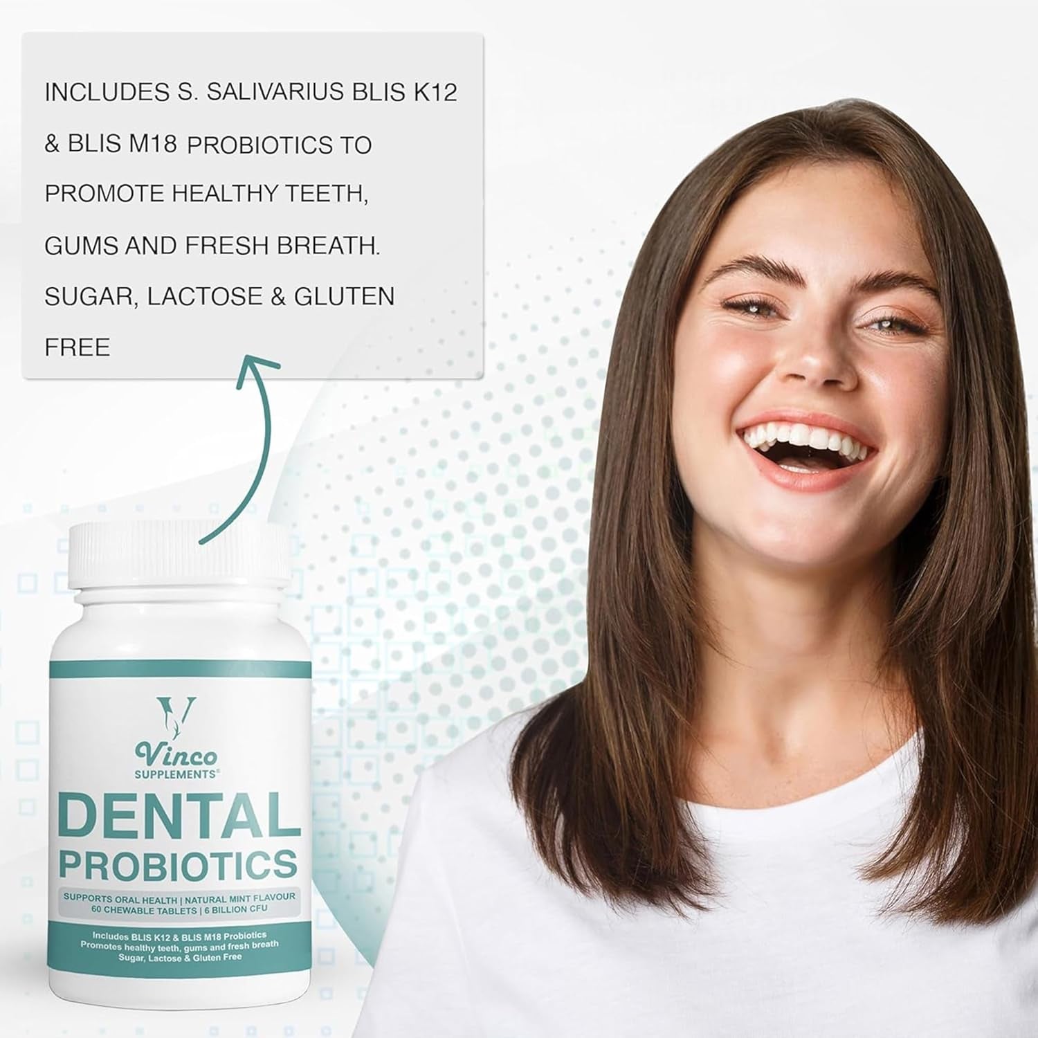 Dental Probiotics Advanced Oral Probiotics for Mouth Supplement - Bad Breath Treatment for Adults with BLIS K12 & BLIS M18-6 Billion CFU, Mint Flavour Chewable Oral Care Tablets - 60 Count