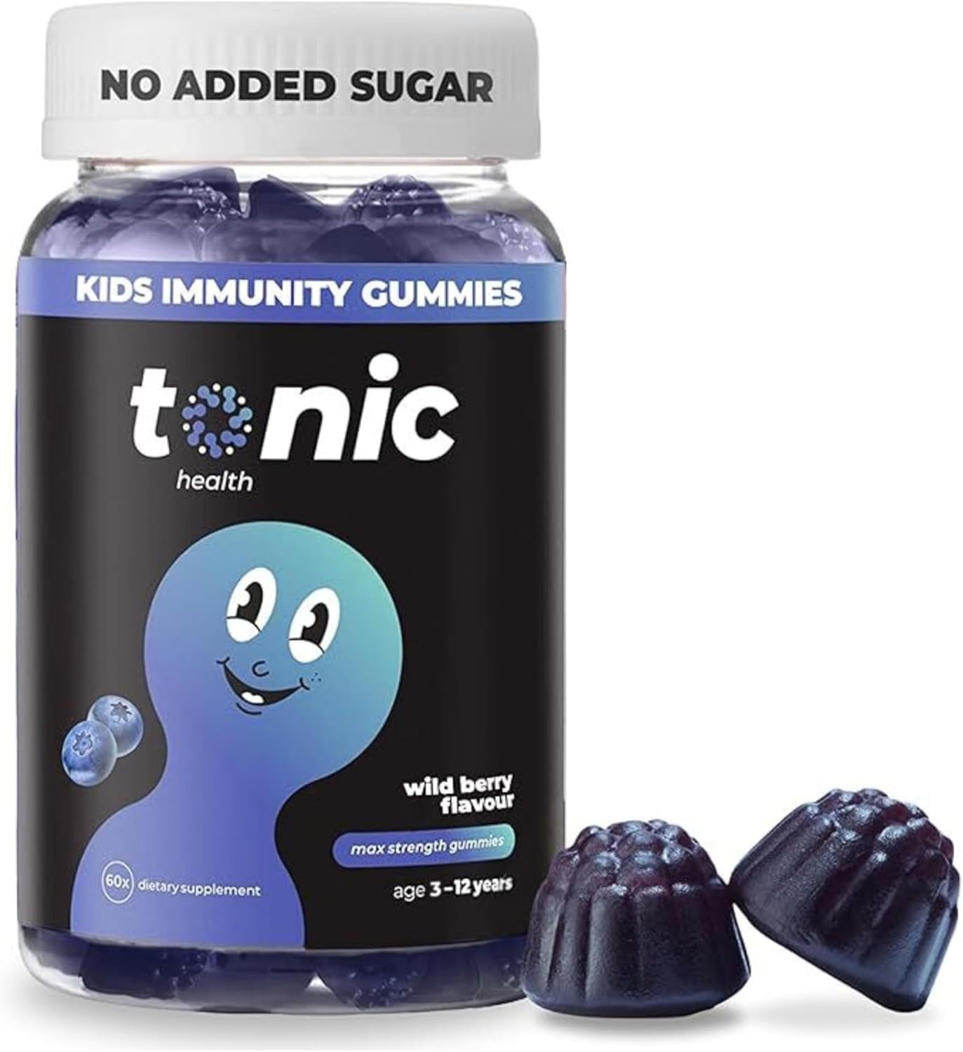 Tonic Health Kids Immunity Gummies - 7 in 1, Elderberry Gummies, No Added Sugar, No Sweeteners, Vitamins C, D and Zinc, Wild Berry Flavour, Month Supply (60 Count), Ages 3-12, Vegan.