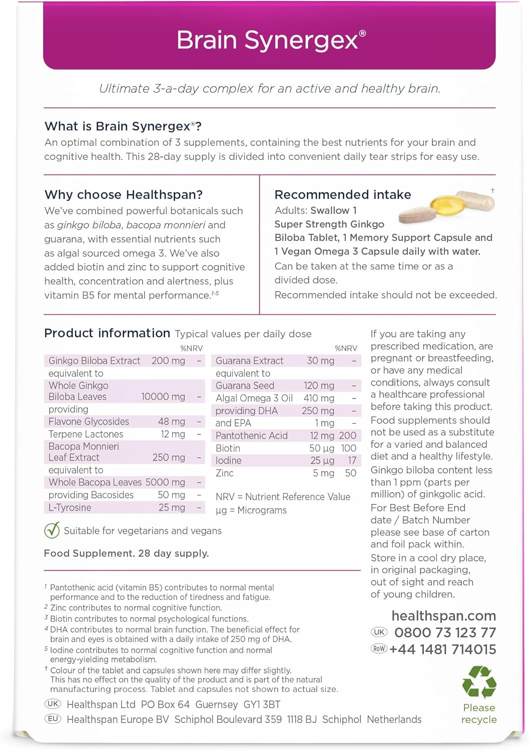 Healthspan Brain Synergex | 28 Day Supply | Brain Health Supplements | Ginkgo Biloba, Neuro-Vitamin Complex, Opti-Omega 3 & Phospholipid Complex
