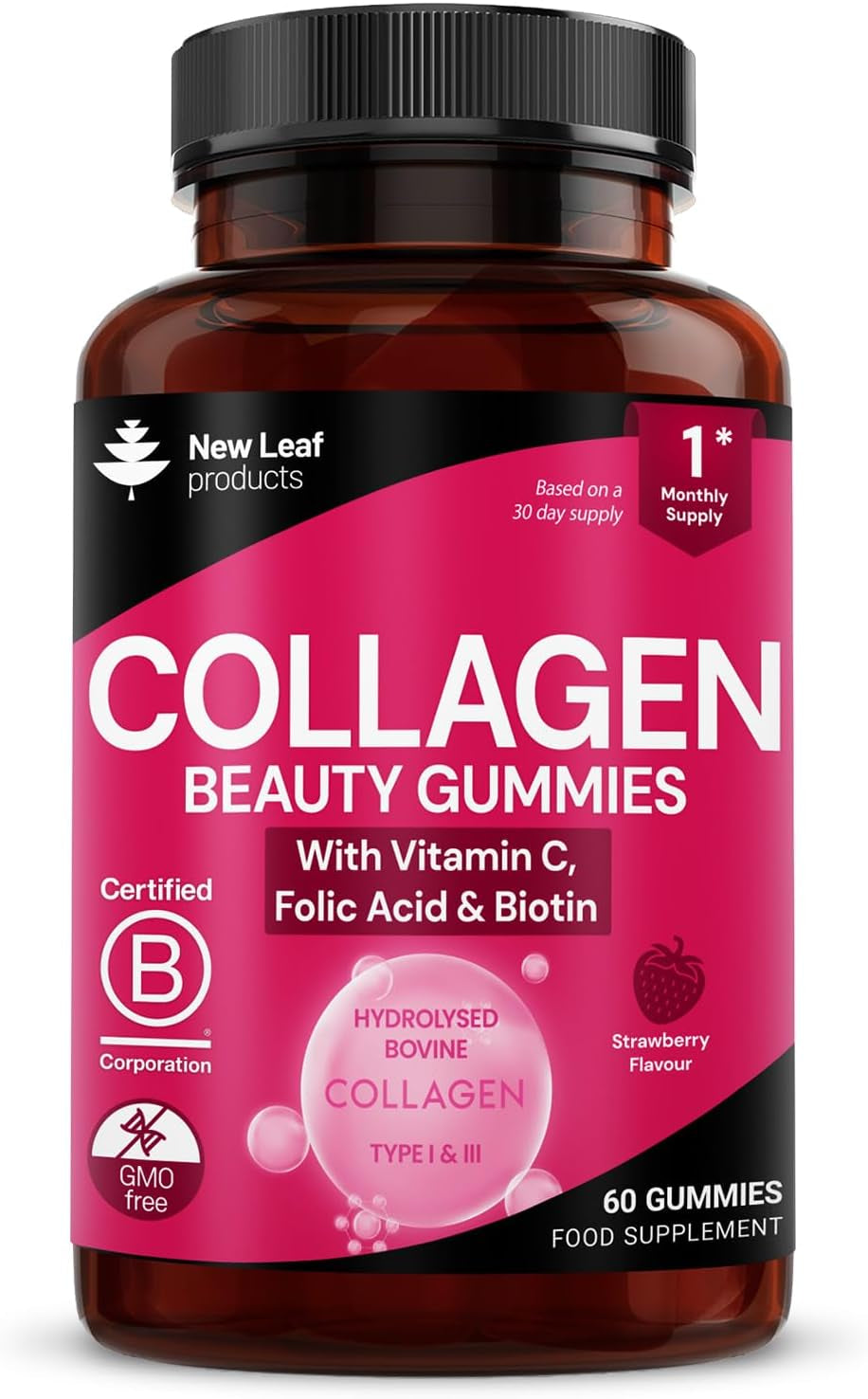 Collagen Gummies - High Strength Type L Bovine Collagan Beauty Supplement - Advanced Superior Type 1 Hydrolysed Collagen Peptides - Added Biotin, Vitamin C & Folic - 60 Gummies