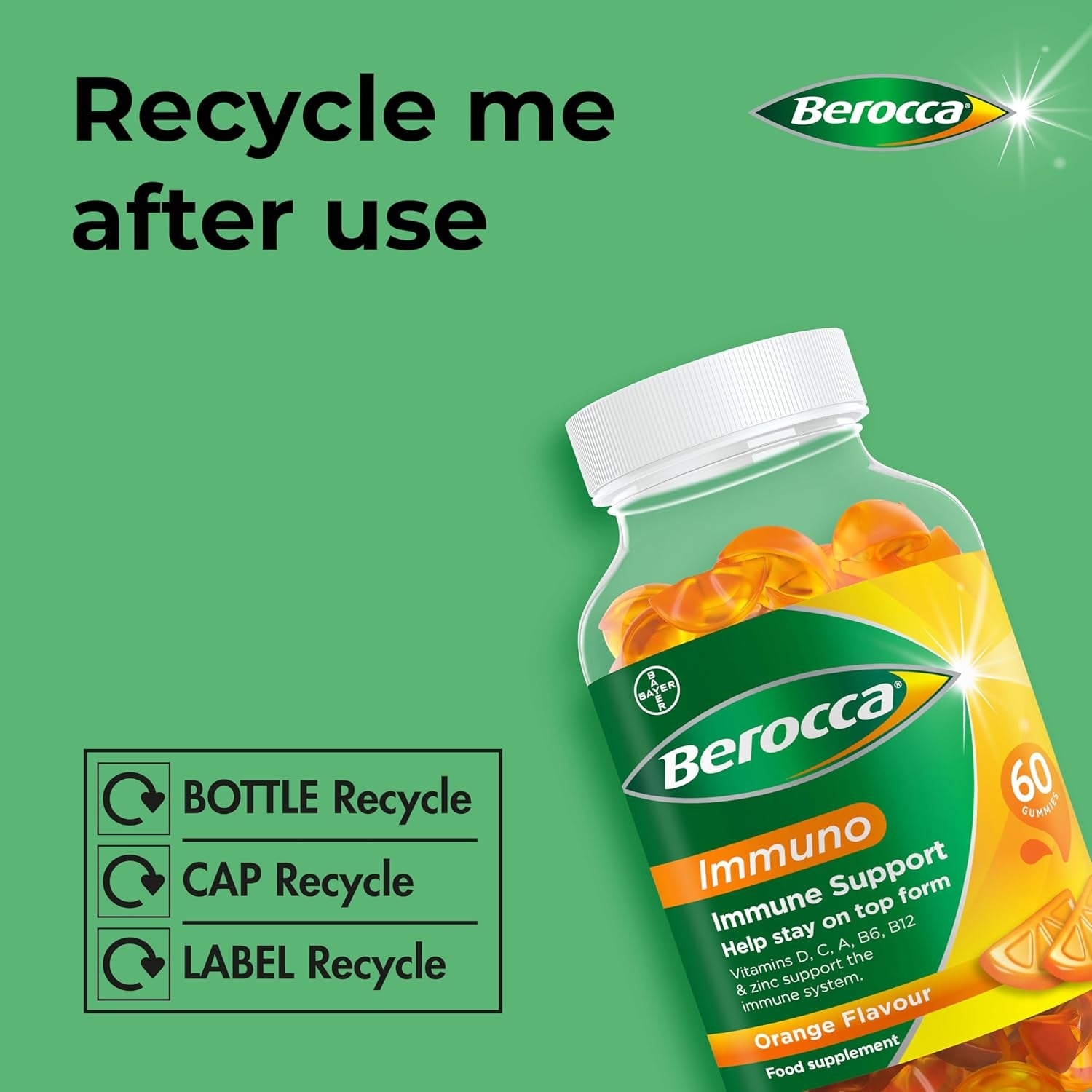Berocca Immuno Multivitamin Gummies - Immune System Support Including Vitamin D, C, A, B-Complex (B6, B7, B12), E and Zinc - Supplement for Women, Men and Kids - 60 Gummies - Orange Flavour