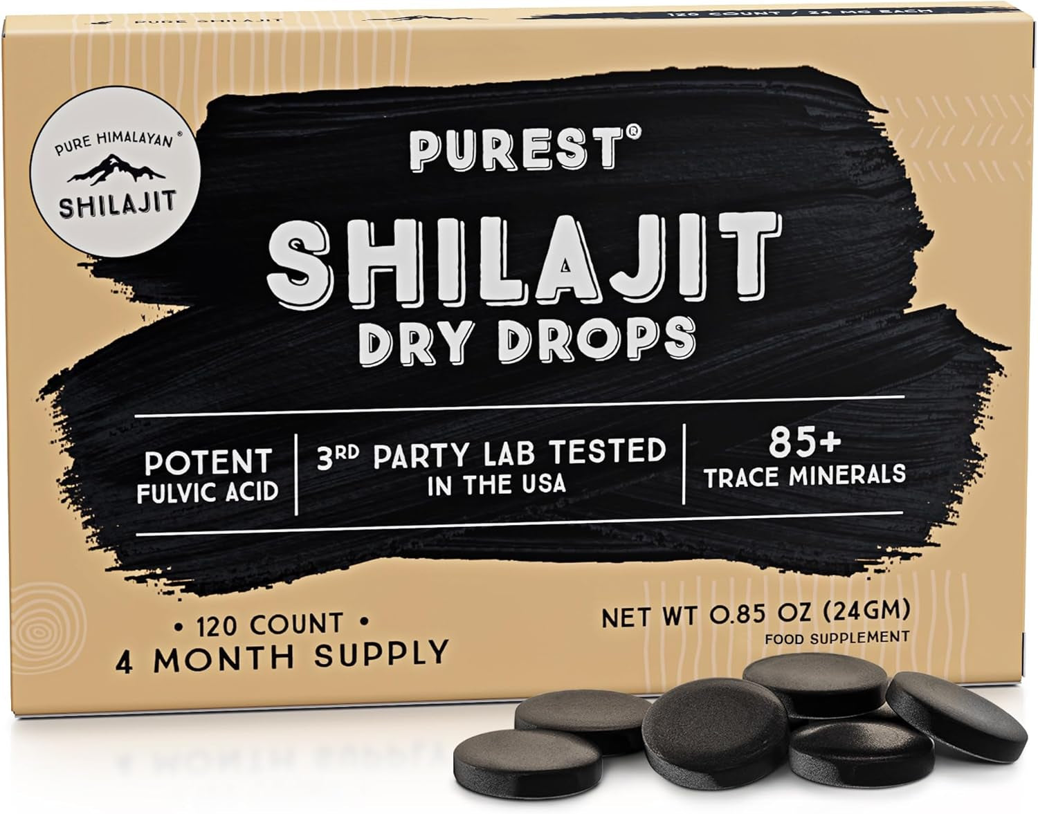Shilajit Dry Drops - 120 Counts, Rich in Naturall Fulvic Acid, Original Siberian Shilajit, 100% Pure, Trace Minerals Complex