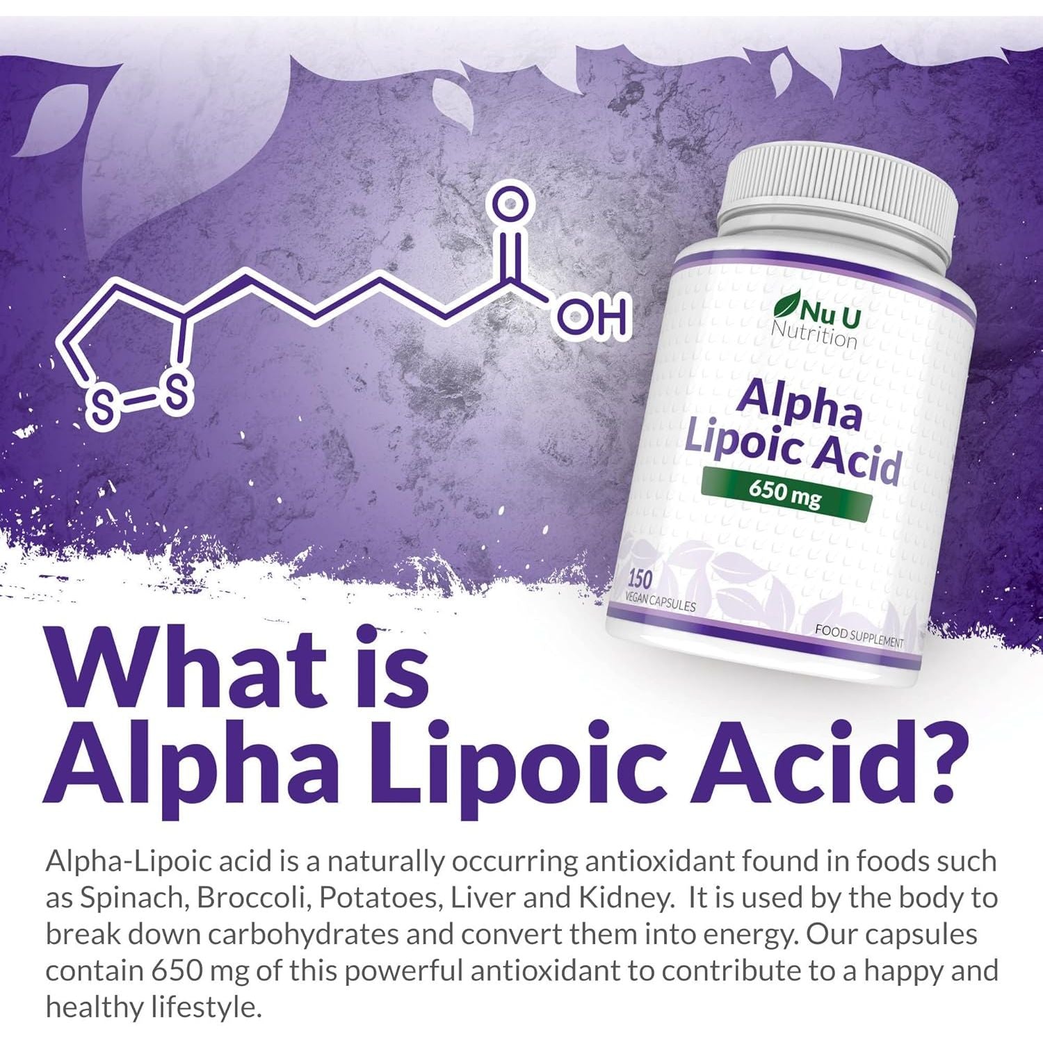 Alpha Lipoic Acid 650Mg - 150 High Strength Vegan ALA Capsules - 5 Month Supply - Amino Acid Supplement - Made in the UK - Nu U Nutrition