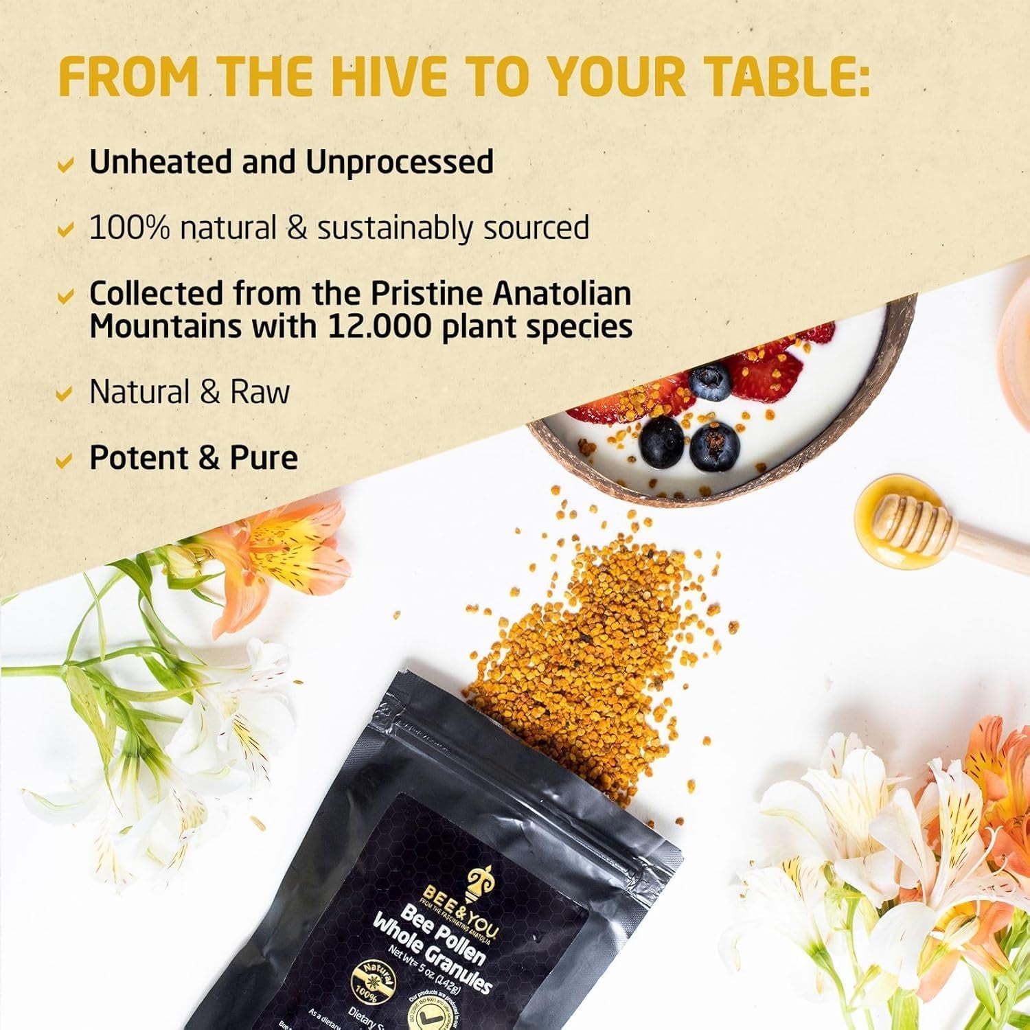 Bee and You 100% Raw Bee Pollen Granules, Supplement, Natural Superfood, Amino Acids, Antioxidants, Enzymes, Vitamin B, Paleo, Keto Friendly, Gluten Free, 142G Bag (1 Pound (Pack of 1)