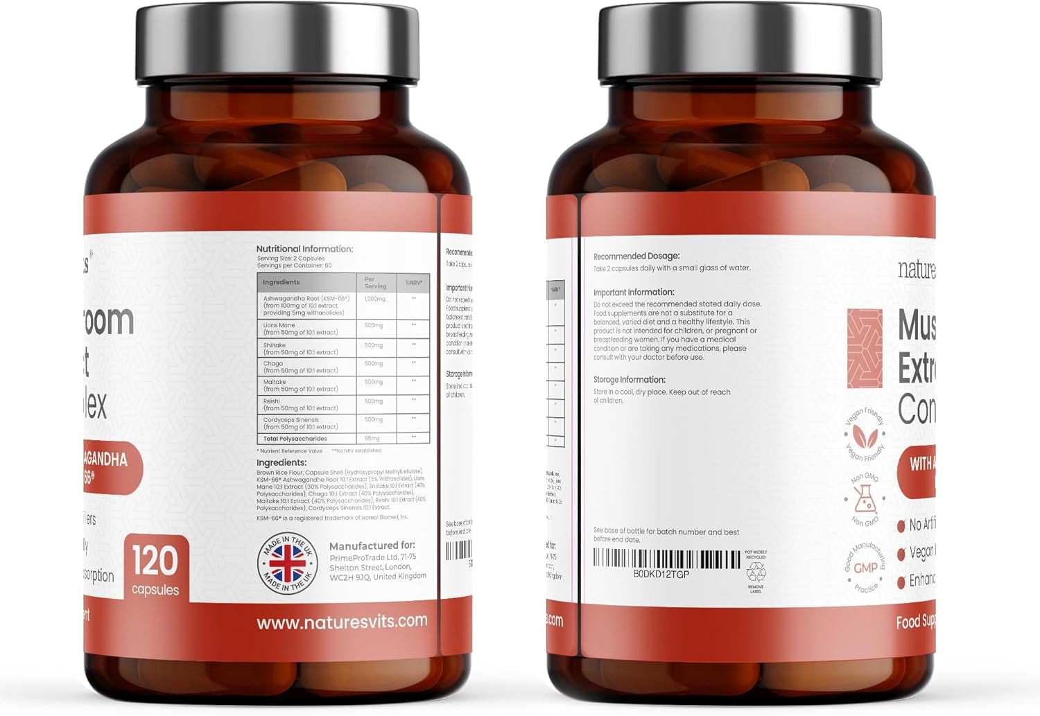 4000Mg 6 Mushroom Complex with Ashwaghandha KSM-66, Lions Mane, Cordyceps, Shiitake, Reishi, Chaga and Maitake, 120 Capsules, 2/Day Focus and Brain Support Herbal Nootropic - 40% Polysaccharides
