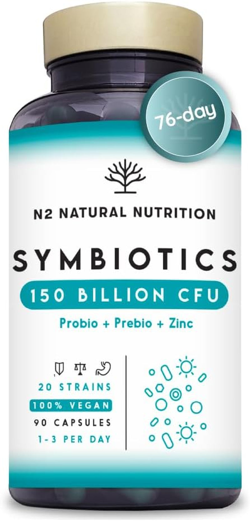 Probiotics 150 Billion CFU – 20 Multi Strains with Prebiotic, Inulin & Zinc – High Strength Vegan Supplement – Gastro Resistant Capsules – 76 Day Supply – N2 Natural Nutrition