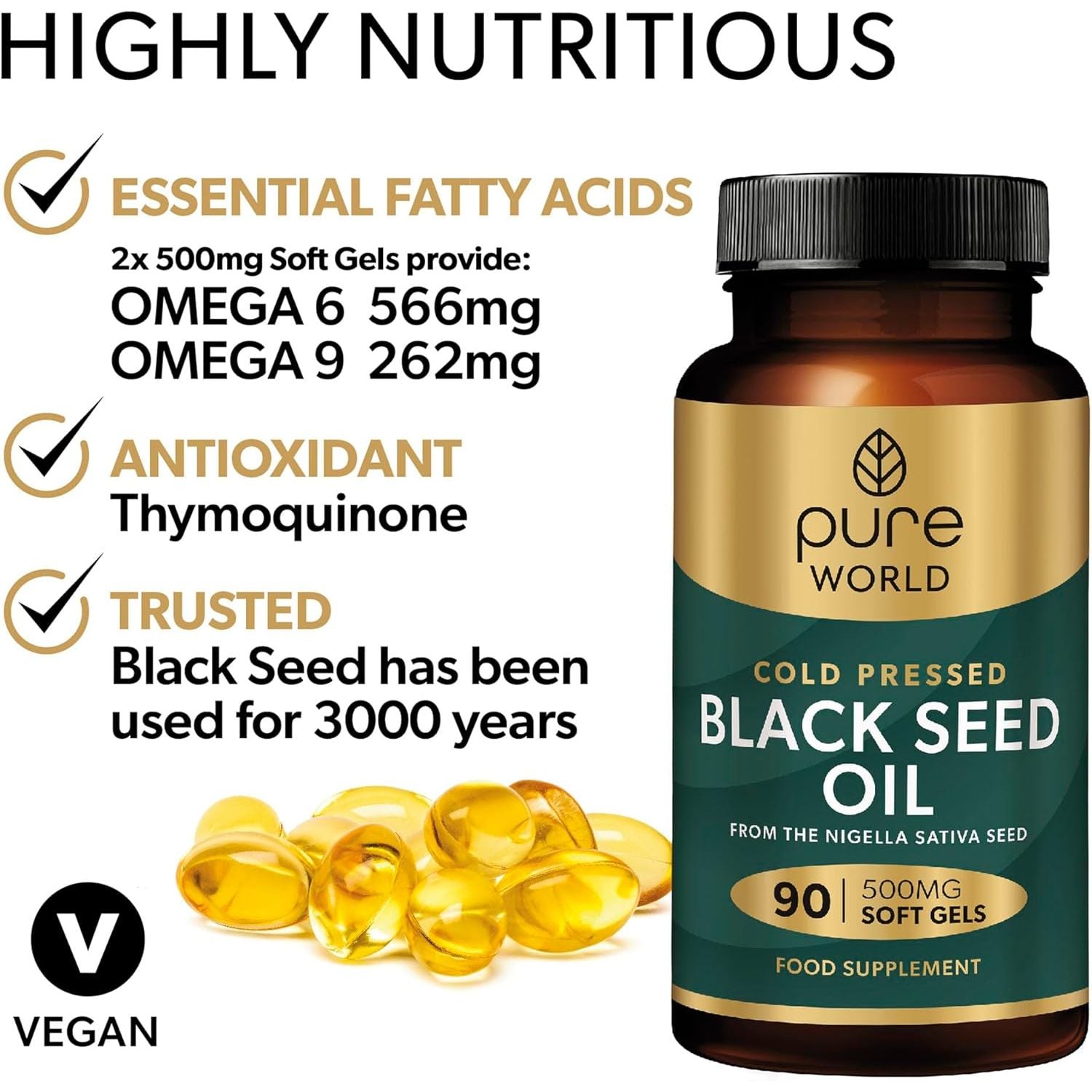 Pure World Natural Black Seed Oil 90 Piece Capsules Vegan Premium Cold Pressed Easy to Swallow Produced in UK