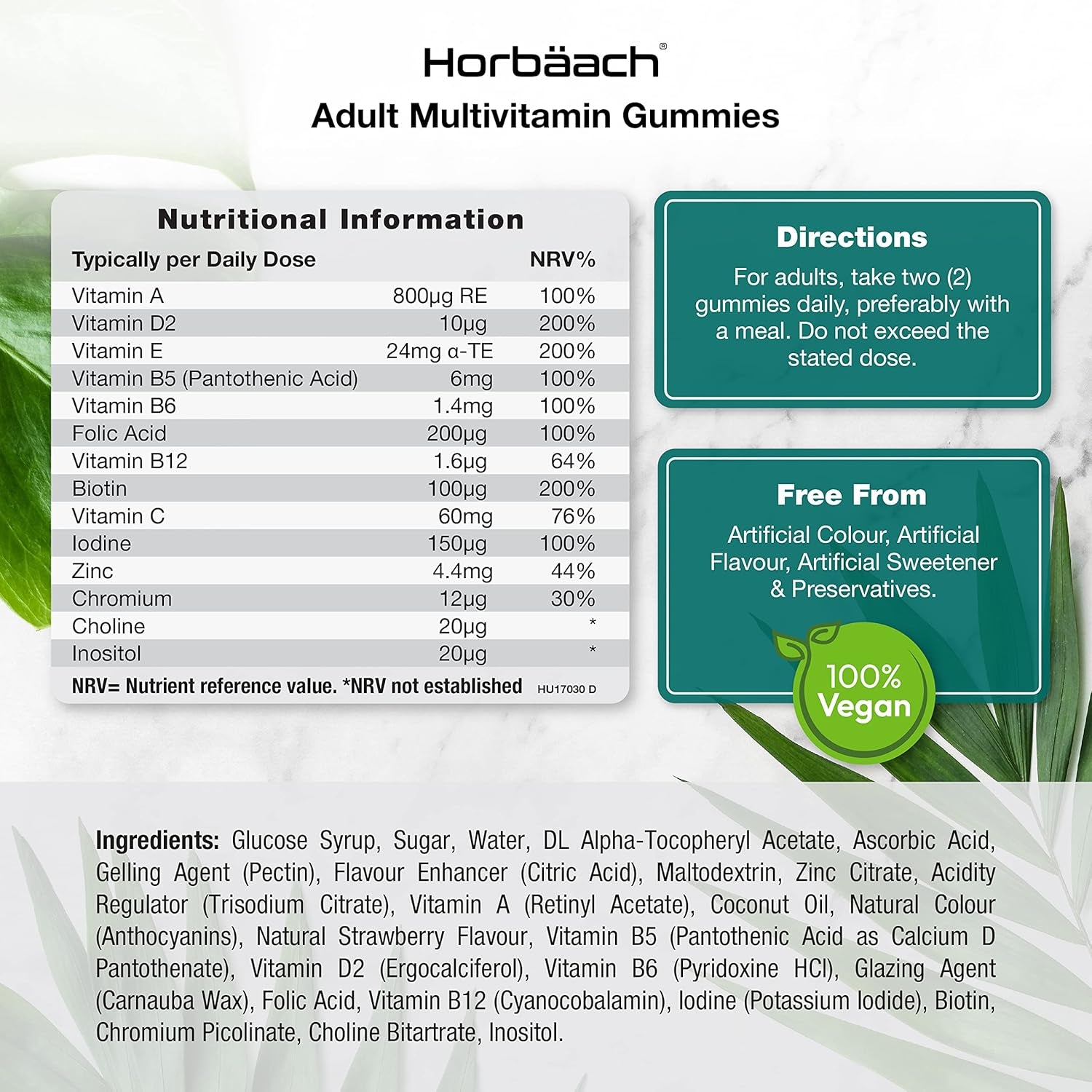 Multivitamin Gummies for Women and Men | 60 Count | Multi Vitamin Supplement for Adults | 14 Nutrient Complex with Vitamins A, B12, C, D, and Zinc | Strawberry Flavour | Vegan | by Horbaach