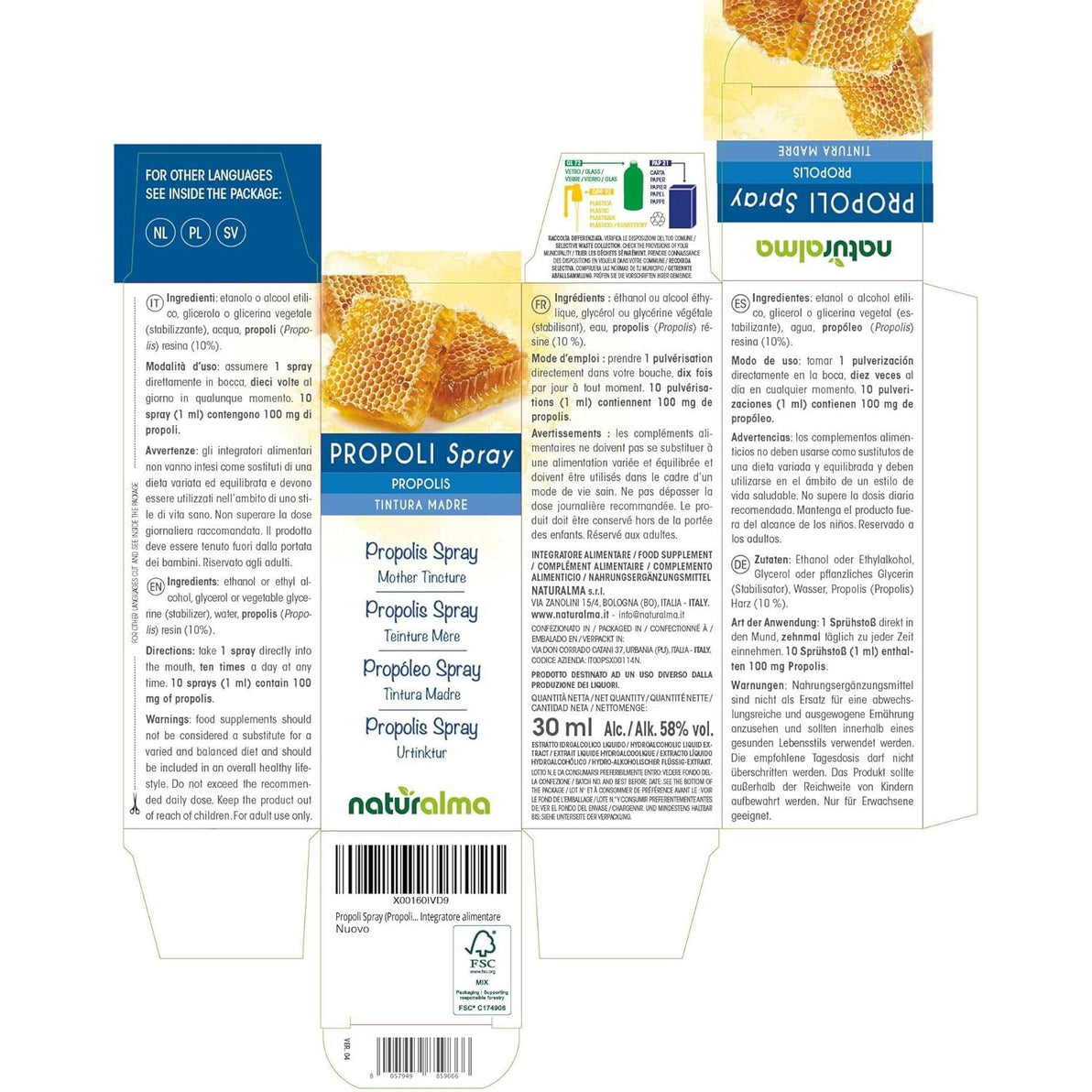 Propolis Spray (Propolis) Resin Hydroalcoholic Mother Tincture NATURALMA - Liquid Extract 30 Ml - Food Supplement